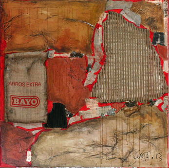 BAYO : collage abstrait carré, sac de riz, couleurs chaudes