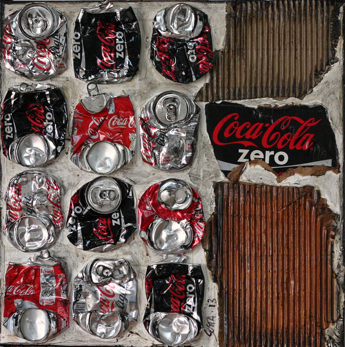 COCA ATTITUDE : tableau collage abstrait, carré moyen format