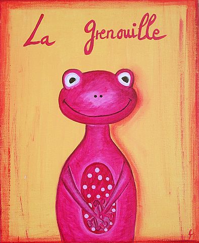 Tableau Contemporain, La grenouille rose. Sophie Costa, artiste peintre.