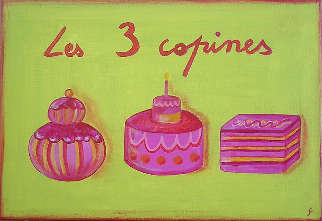 Les 3 copines (pâtisseries) : tableau de Sophie Costa, artiste peintre