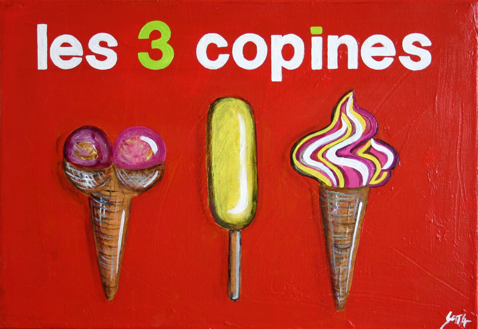 Tableau Contemporain, Les 3 copines (glaces). Sophie Costa, artiste peintre.