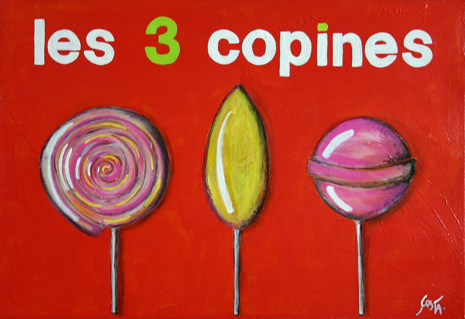 Les 3 copines (sucettes) : tableau de Sophie Costa, artiste peintre