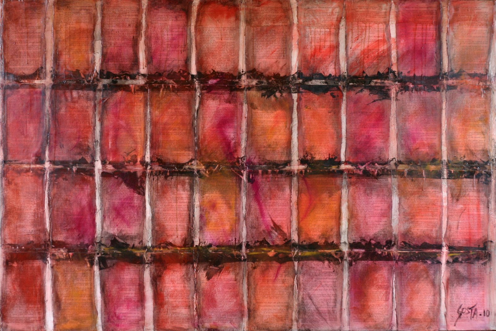 rouge/noir/rose/orange/pages de livre Tableau Contemporain, Inception 3. Sophie Costa, artiste peintre.