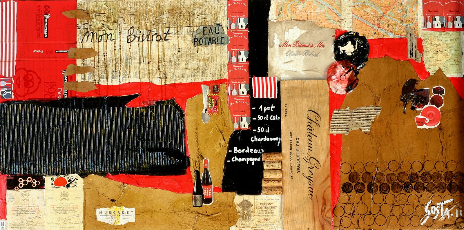 Collage/vin/bistrot Tableau Contemporain, Mon Bistrot. Sophie Costa, artiste peintre.