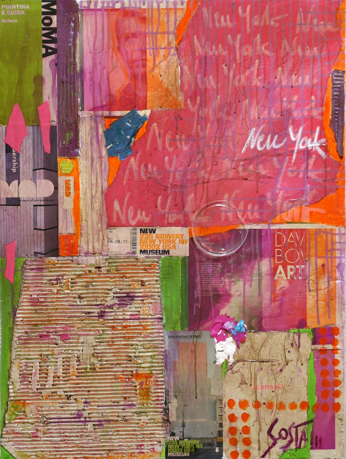 collage/vert/rose/orange/contemporain Tableau Contemporain, NY museum. Sophie Costa, artiste peintre.