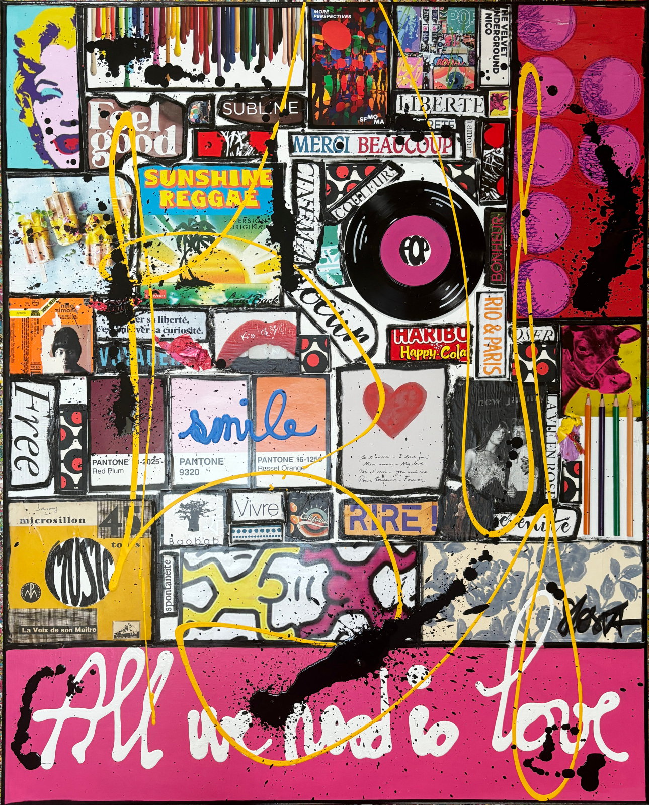 All we need is love ! : tableau de Sophie Costa, artiste peintre collage, love, multicolore, upcycling Tableau Contemporain, All we need is love !. Sophie Costa, artiste peintre.