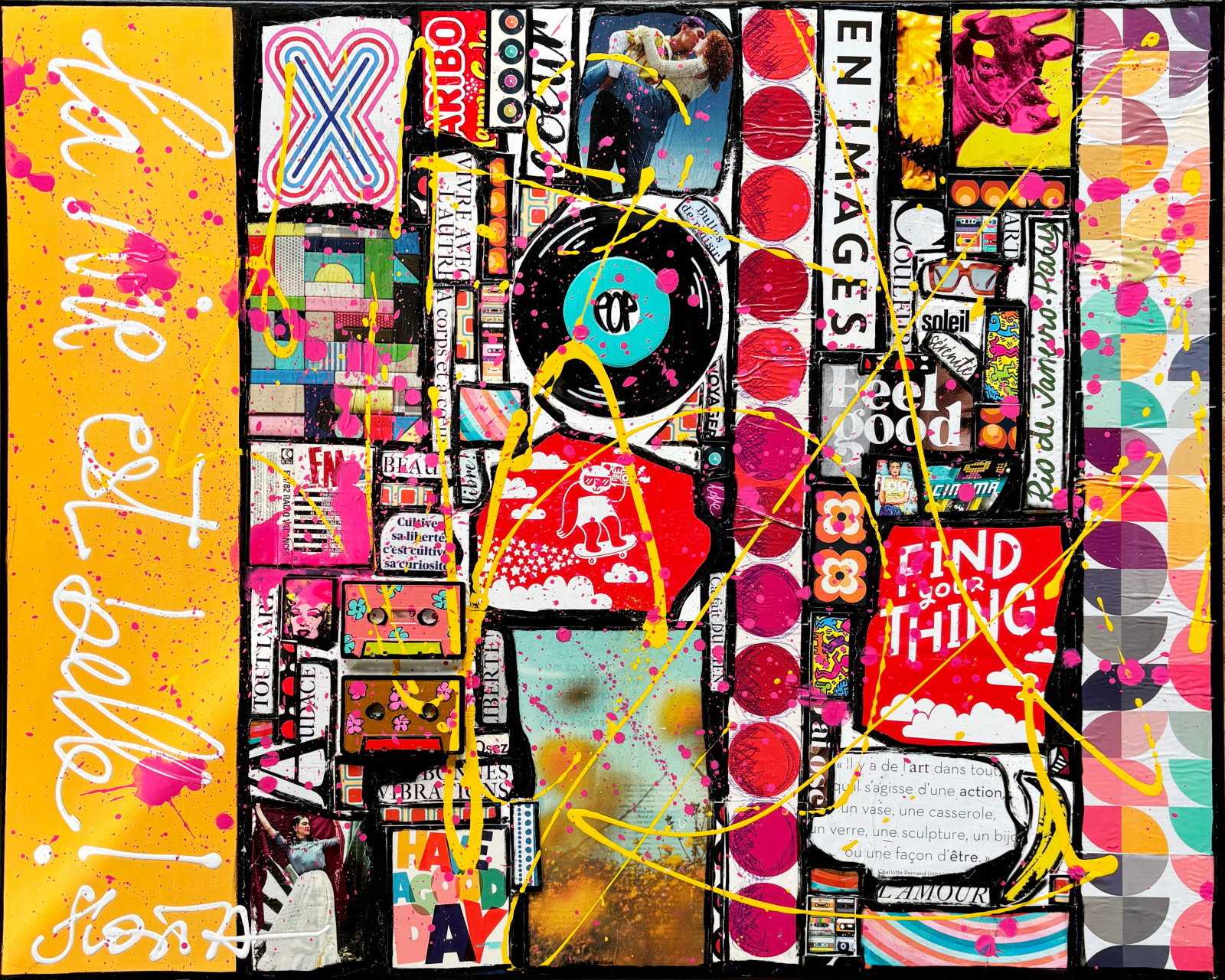 La vie est belle ! : tableau de Sophie Costa, artiste peintre collage, multicolore, upcycling, la vie est belle Tableau Contemporain, La vie est belle !. Sophie Costa, artiste peintre.