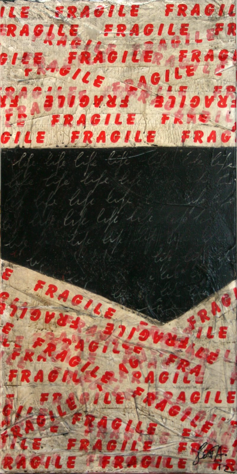 ruban adhésif, noir, rouge , blanc Tableau Contemporain, FRAGILE 02. Sophie Costa, artiste peintre.