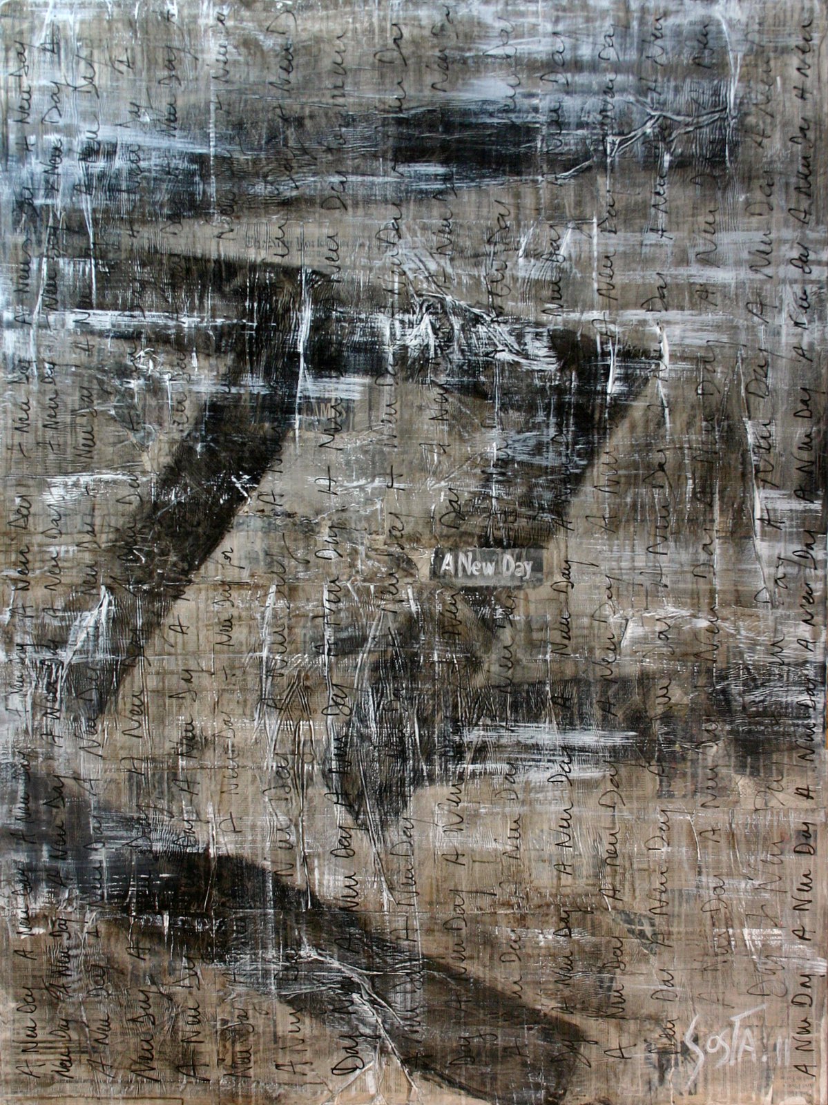 collage journaux, gris,noir, grand format Tableau Contemporain, A new day. Sophie Costa, artiste peintre.