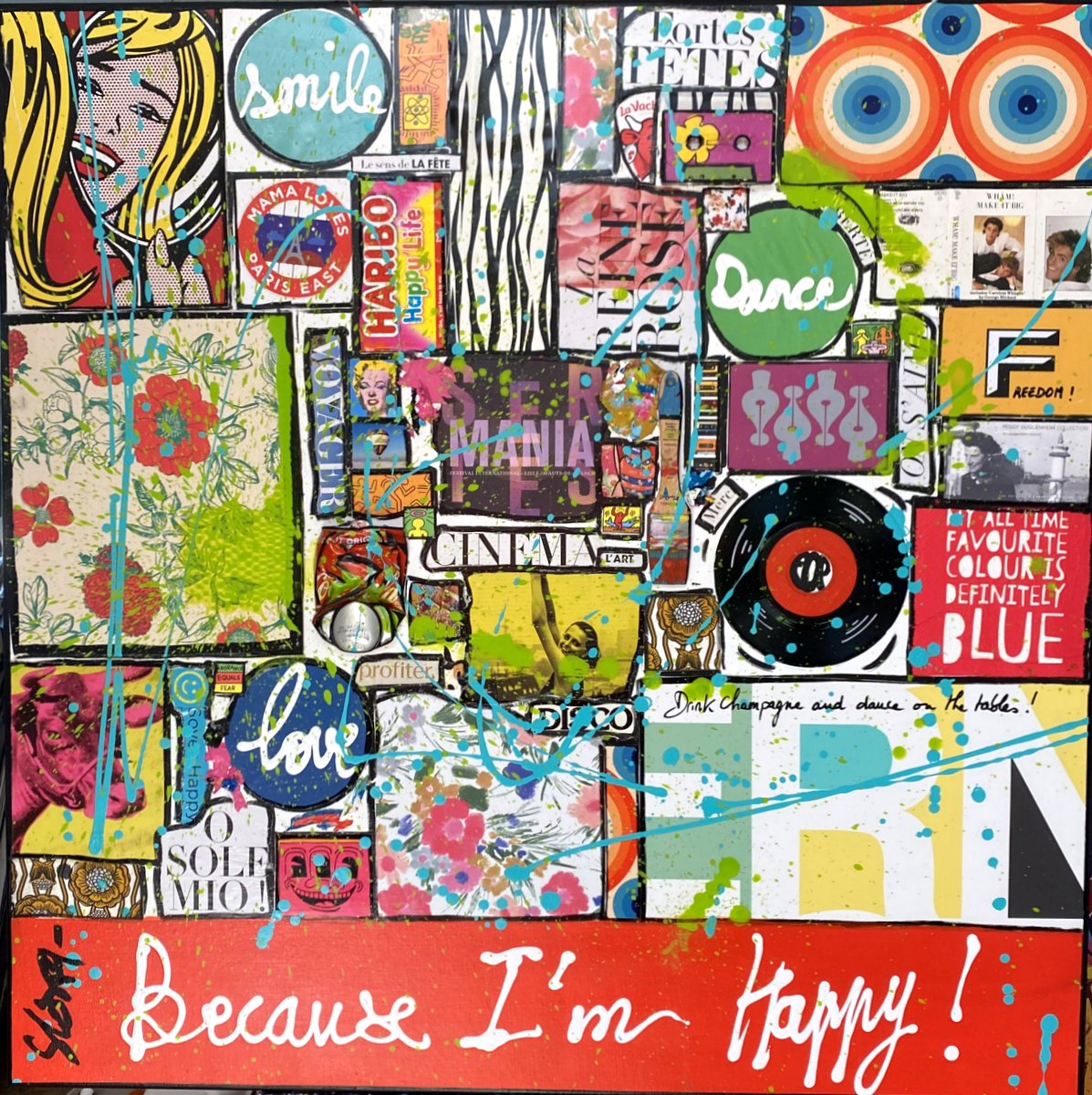 happy life, cllage, positif, multicolore Tableau Contemporain, Because I&#039;m Happy !. Sophie Costa, artiste peintre.