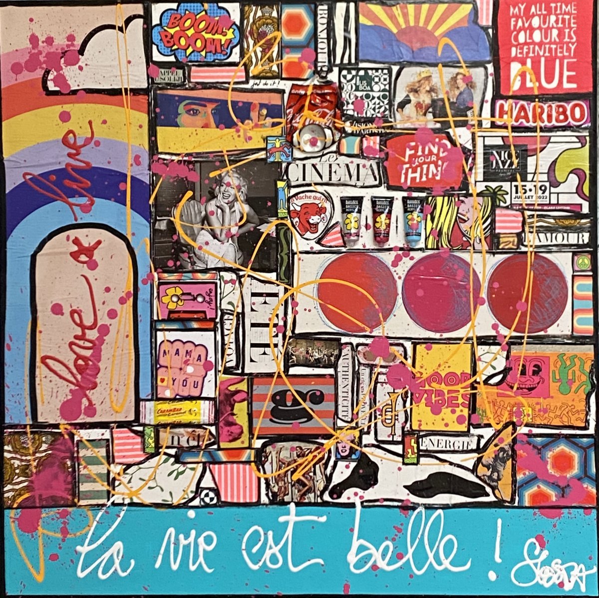 collage, pop art Tableau Contemporain, Love &amp; live, la vie est belle !. Sophie Costa, artiste peintre.