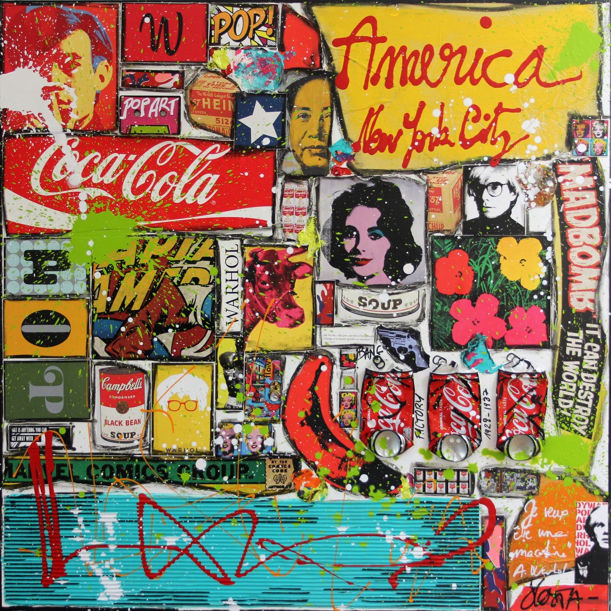 collage, pop art, warhol Tableau Contemporain, Warhol America. Sophie Costa, artiste peintre.