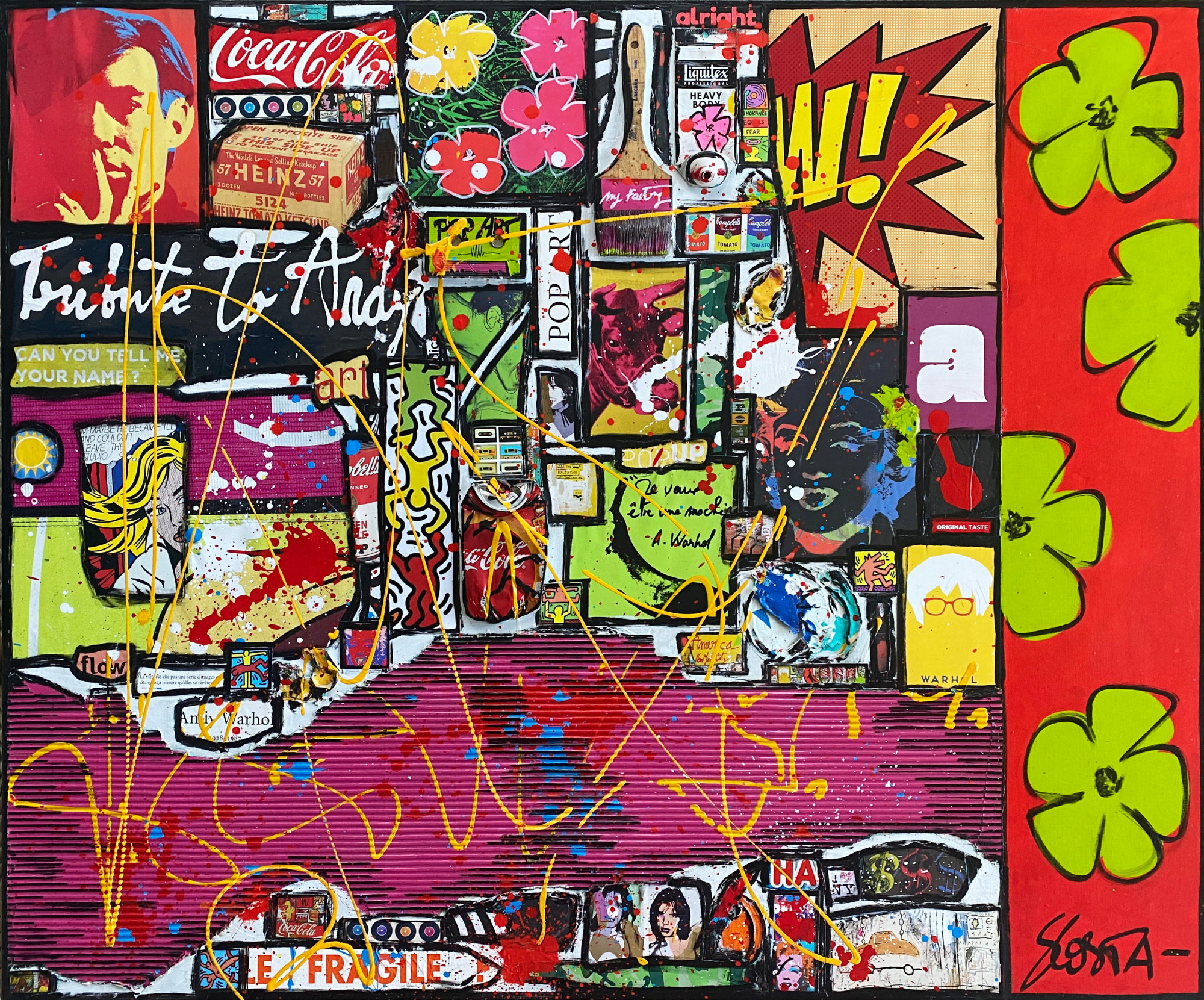 collage, popart, multicolore Tableau Contemporain, POWER FLOWER. Sophie Costa, artiste peintre.