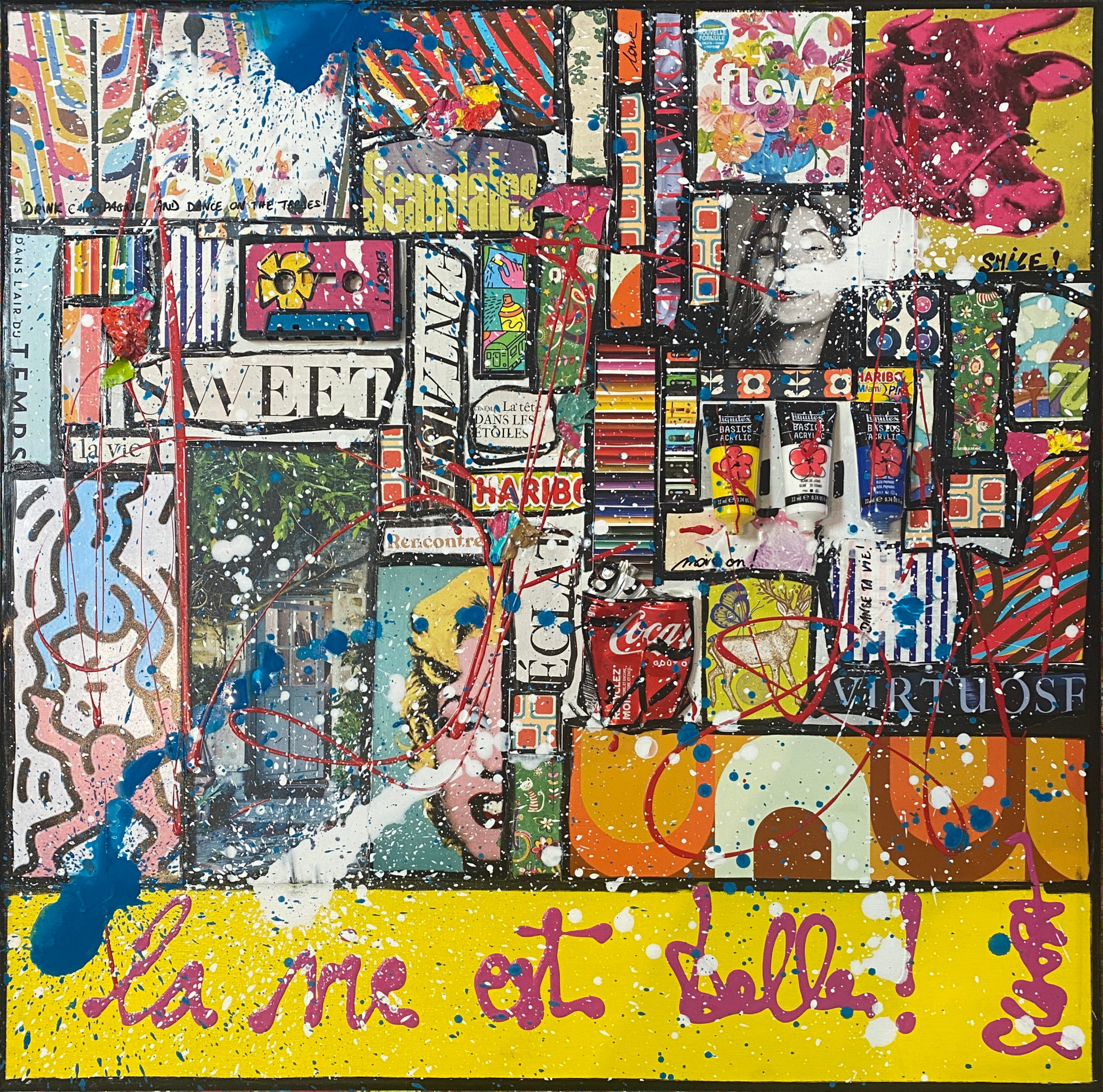 la vie est belle, collage, multicolore Tableau Contemporain, La vie est belle ! (jaune). Sophie Costa, artiste peintre.