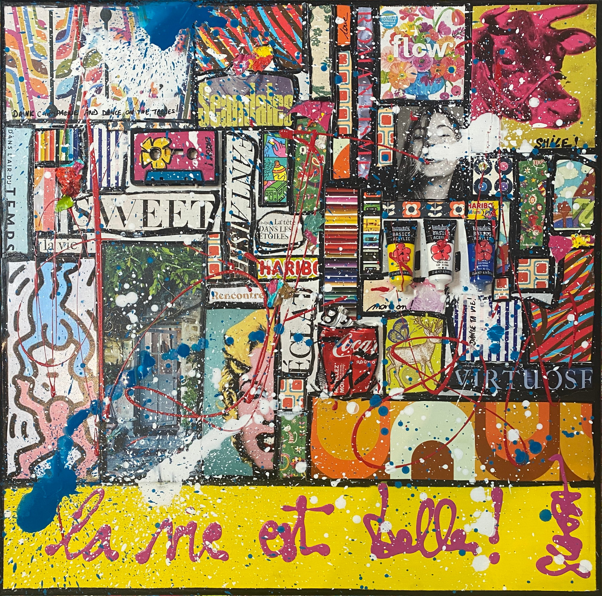 La vie est belle ! (jaune) : tableau de Sophie Costa, artiste peintre la vie est belle, collage, multicolore Tableau Contemporain, La vie est belle ! (jaune). Sophie Costa, artiste peintre.