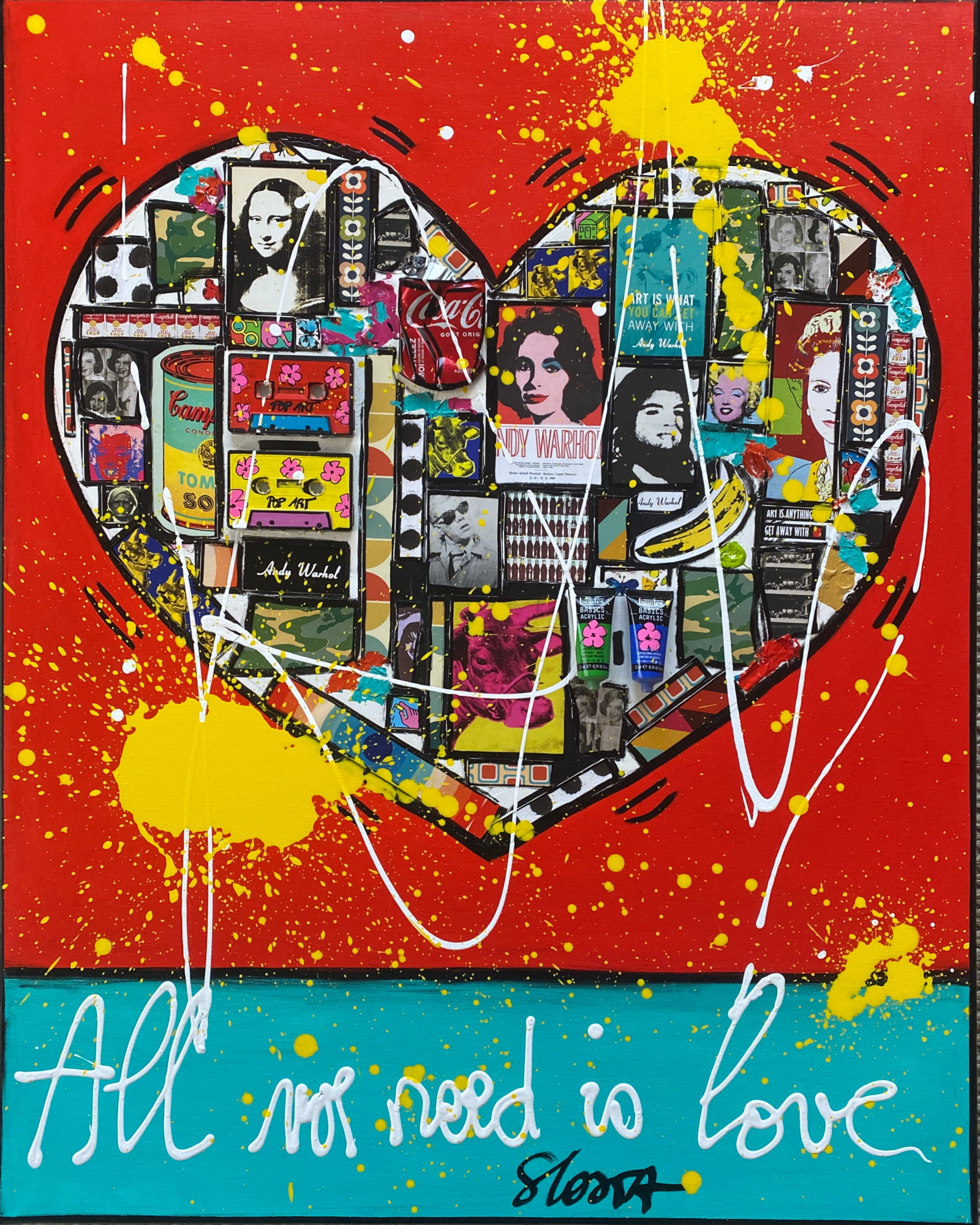 All we need is love : tableau de Sophie Costa, artiste peintre coeur, pop art, multicolore, collage Tableau Contemporain, All we need is love. Sophie Costa, artiste peintre.