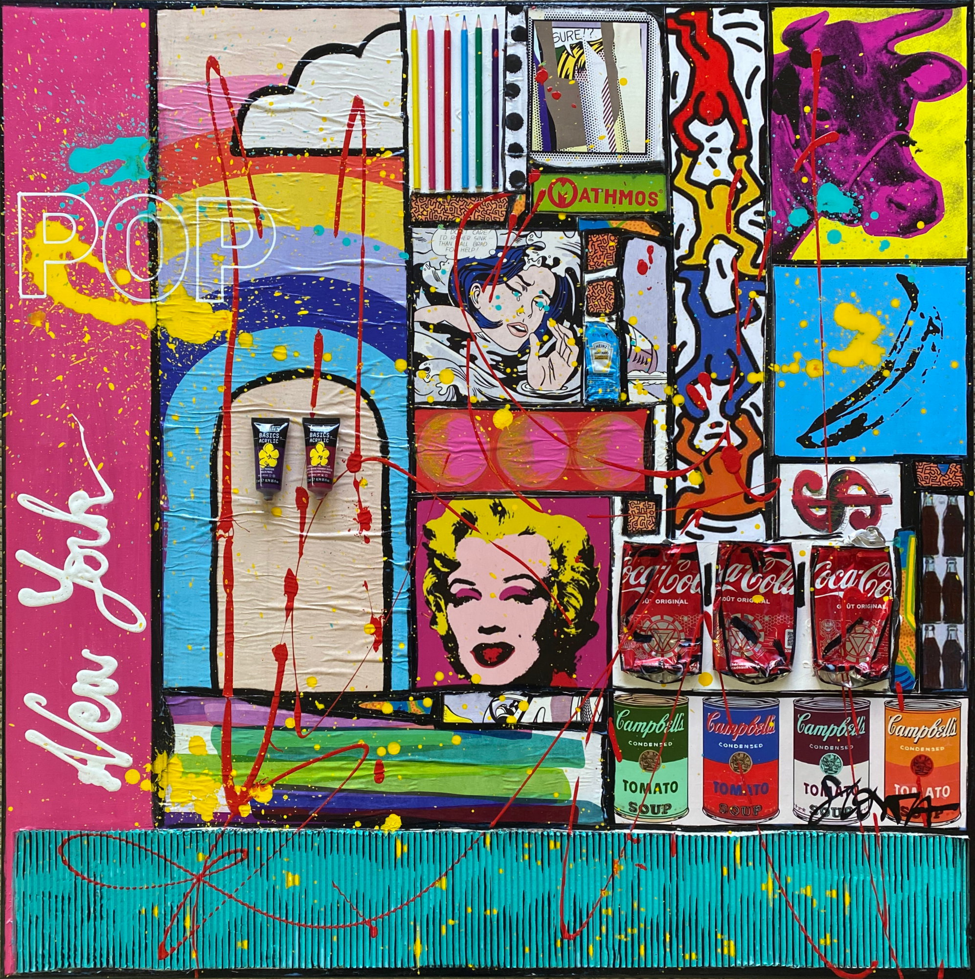 collage, pop art, multicolore Tableau Contemporain, POP NY. Sophie Costa, artiste peintre.