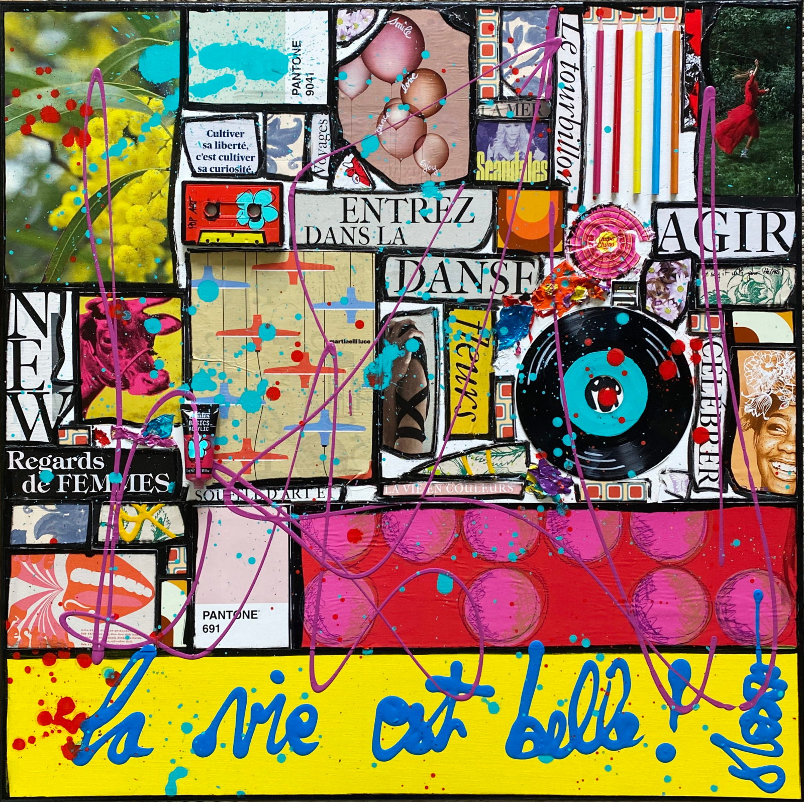 La vie est belle ! : tableau de Sophie Costa, artiste peintre collage, multicolore, la vie est belle Tableau Contemporain, La vie est belle !. Sophie Costa, artiste peintre.