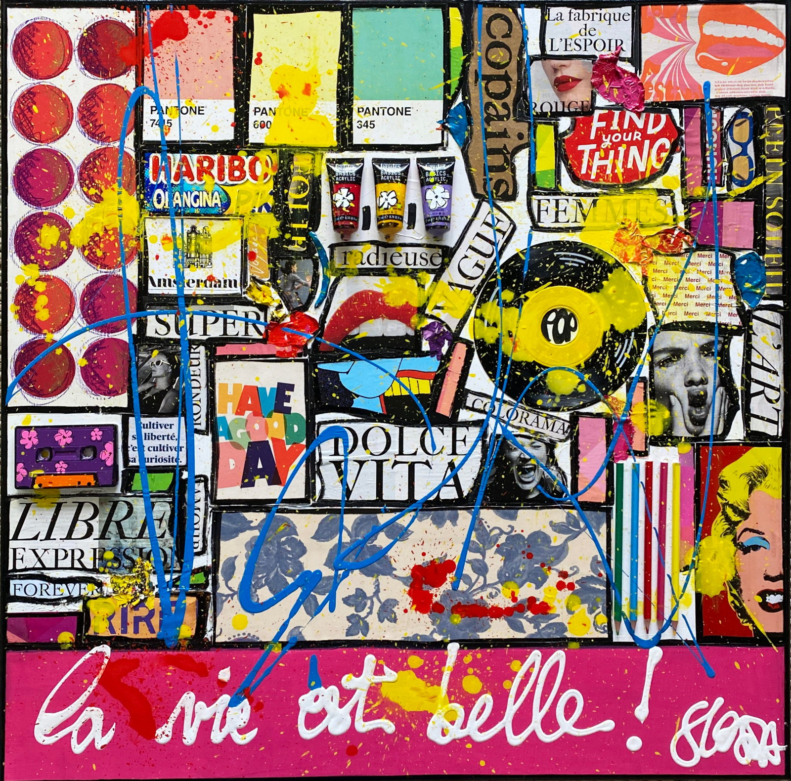 La vie est belle ! : tableau de Sophie Costa, artiste peintre collage, multicolore, la vie est belle Tableau Contemporain, La vie est belle !. Sophie Costa, artiste peintre.