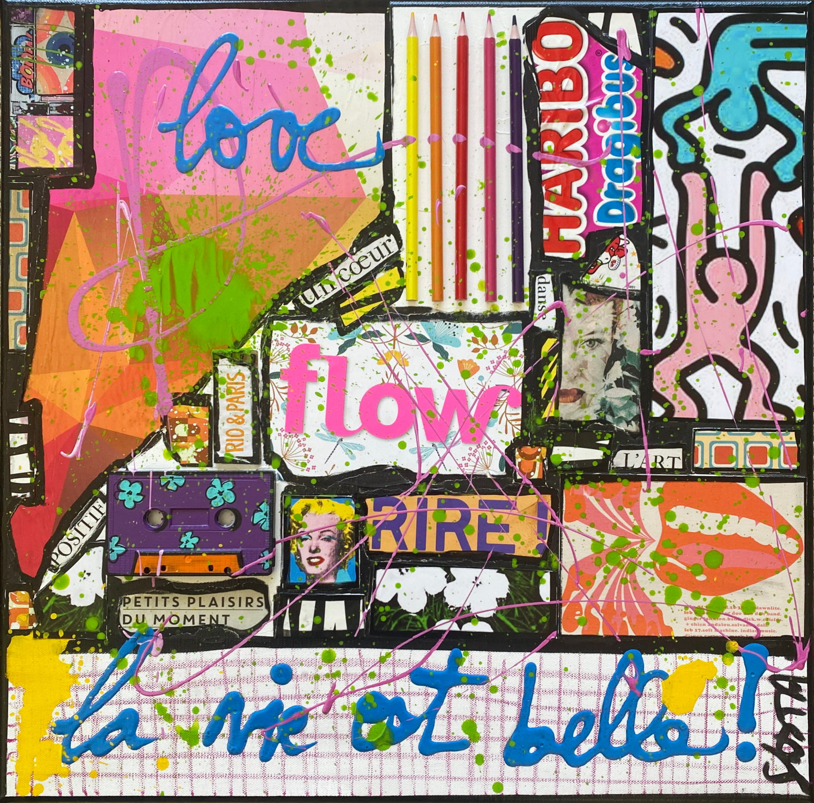 La vie est belle ! : tableau de Sophie Costa, artiste peintre collage, la vie est belle, multicolore Tableau Contemporain, La vie est belle !. Sophie Costa, artiste peintre.
