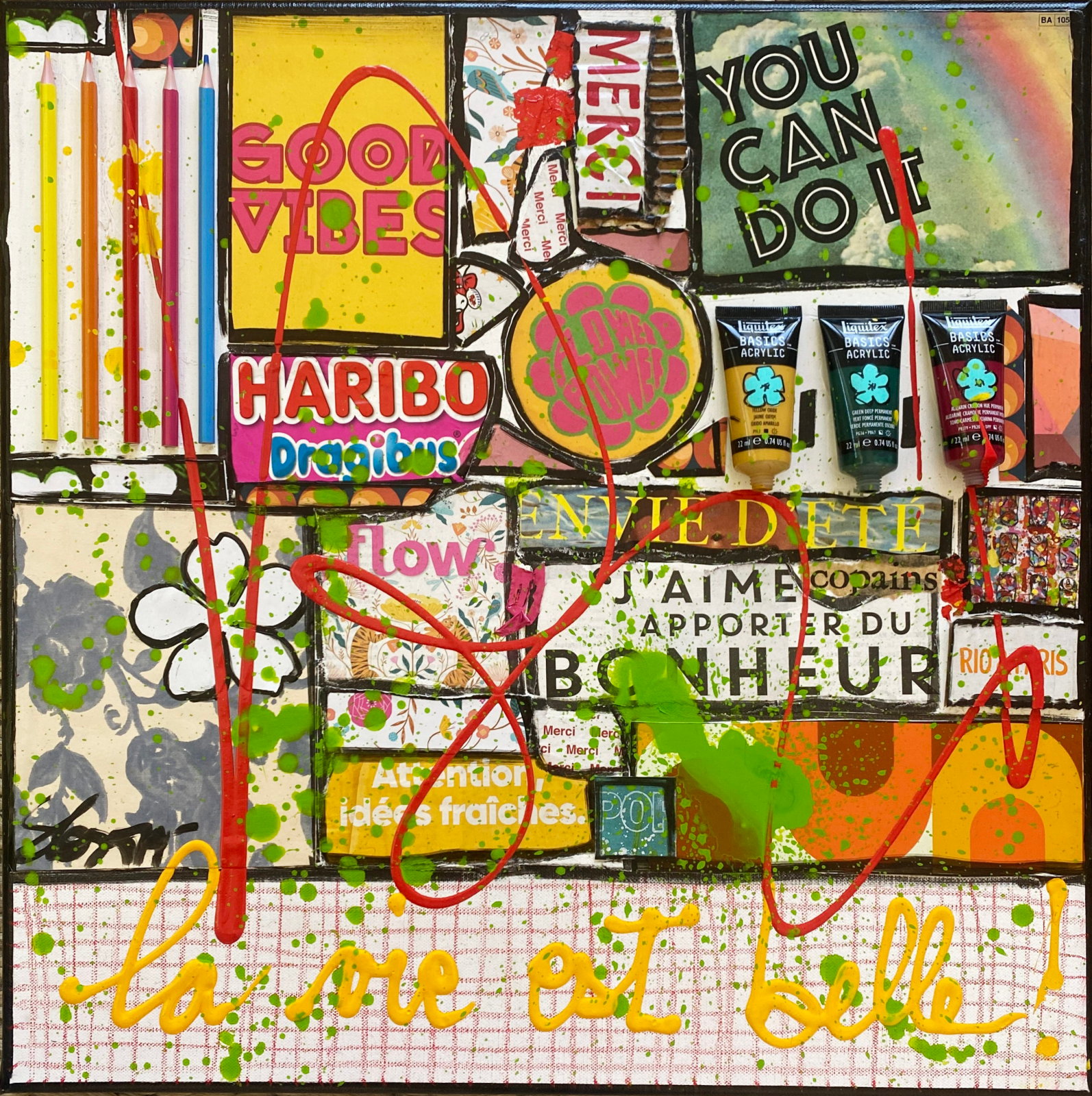 La vie est belle ! : tableau de Sophie Costa, artiste peintre collage, multicolore, la vie est belle Tableau Contemporain, La vie est belle !. Sophie Costa, artiste peintre.