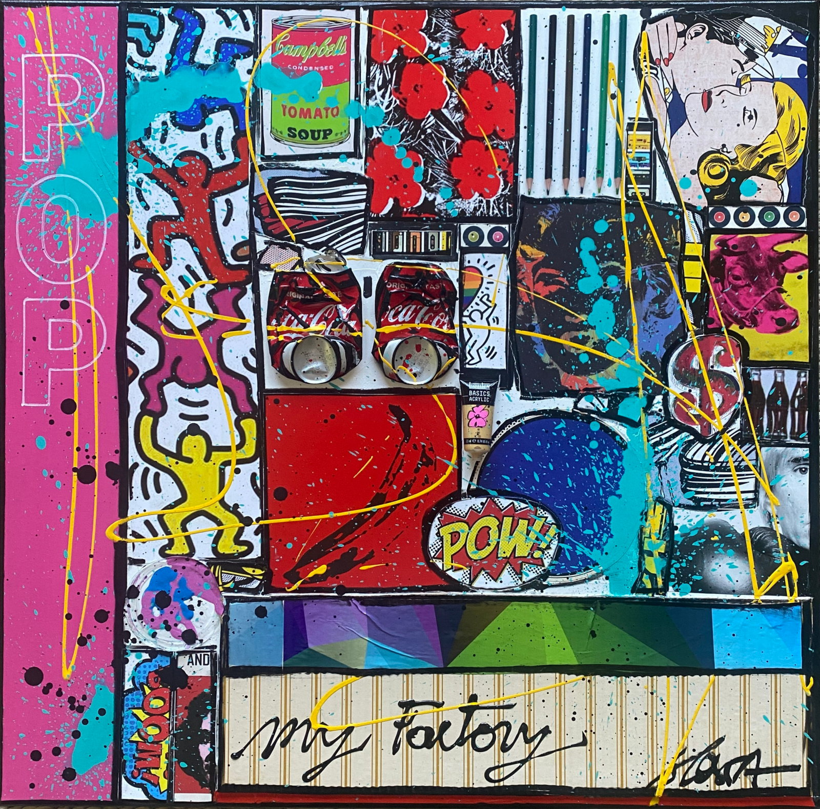 MY FACTORY : tableau de Sophie Costa, artiste peintre collage, andy warhol, multicolore Tableau Contemporain, MY FACTORY. Sophie Costa, artiste peintre.