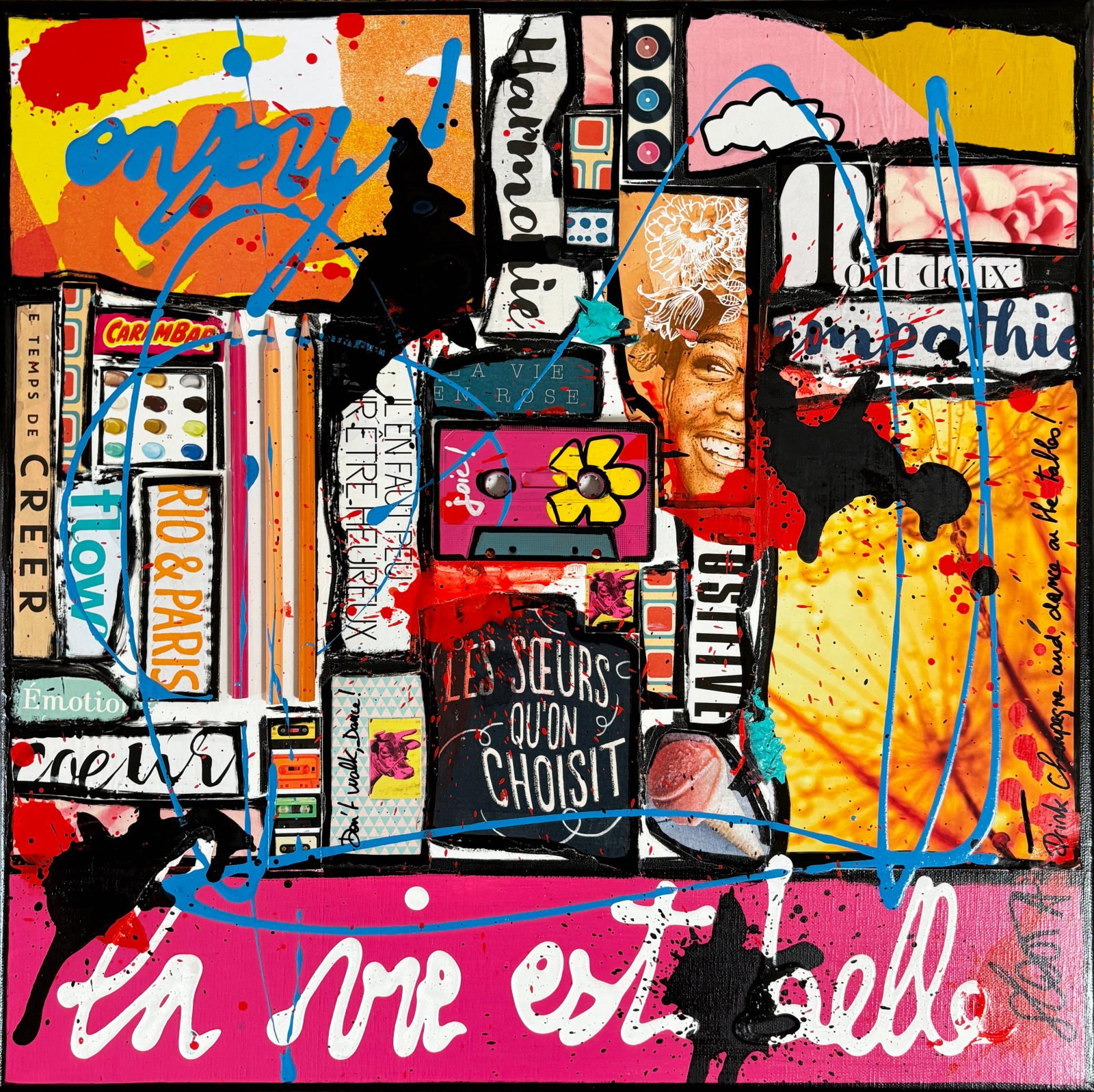 La vie est belle ! : tableau de Sophie Costa, artiste peintre collage, multicolore, la vie est belle, upcycling Tableau Contemporain, La vie est belle !. Sophie Costa, artiste peintre.