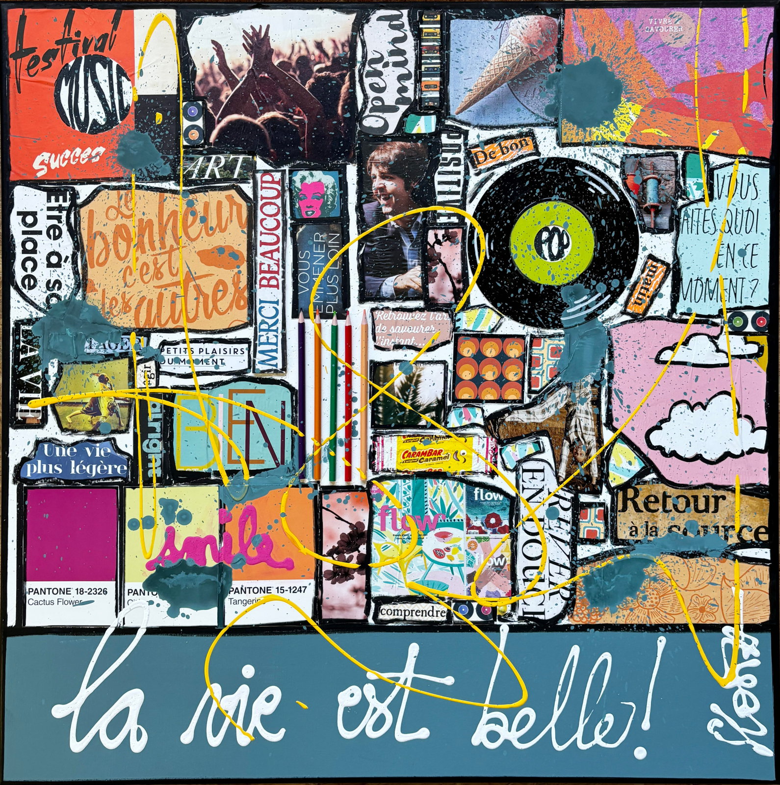 La vie est belle ! : tableau de Sophie Costa, artiste peintre collage, multicolore, la vie est belle, upcycling Tableau Contemporain, La vie est belle !. Sophie Costa, artiste peintre.