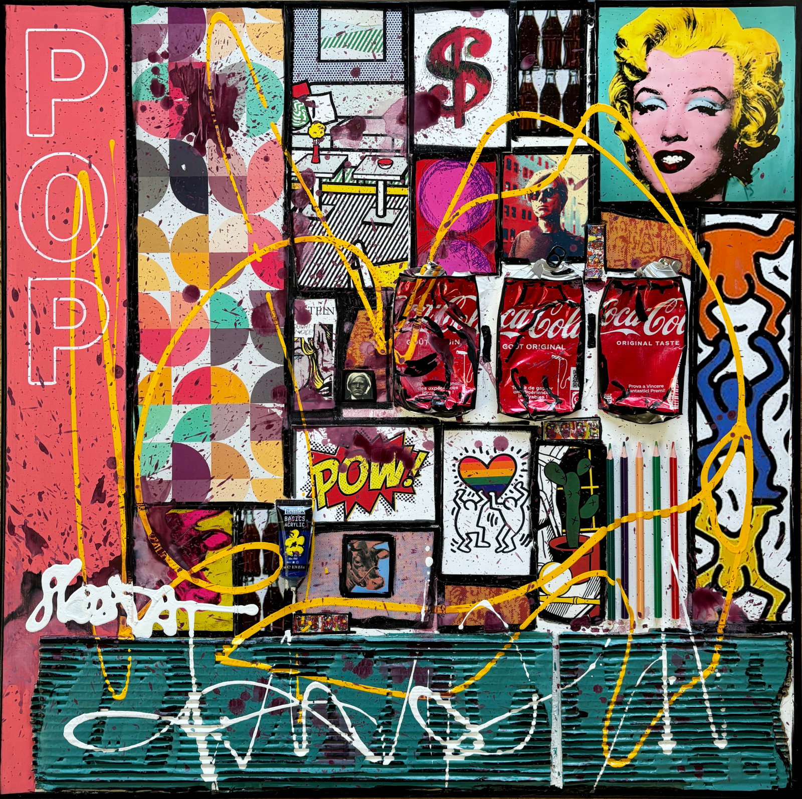 POP : tableau de Sophie Costa, artiste peintre collage, multicolore, la vie est belle, upcycling Tableau Contemporain, POP. Sophie Costa, artiste peintre.