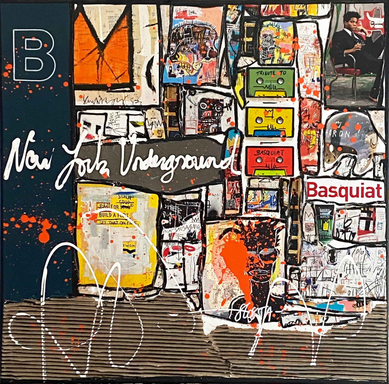 collage, basquiat, upcycling Tableau Contemporain, B comme Basquiat. Sophie Costa, artiste peintre.
