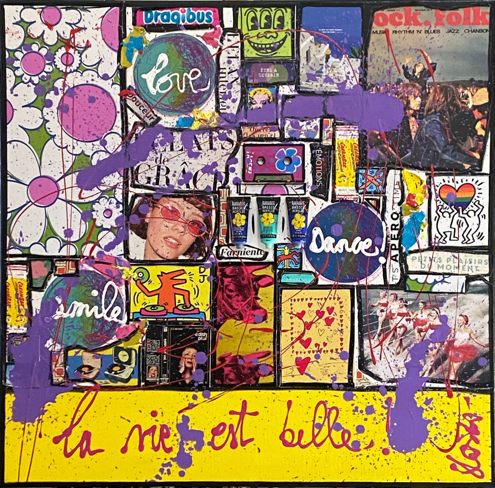 En Mauve, la vie est belle ! : tableau de Sophie Costa, artiste peintre collage, pop art, multicolore, upcycling Tableau Contemporain, En Mauve, la vie est belle !. Sophie Costa, artiste peintre.