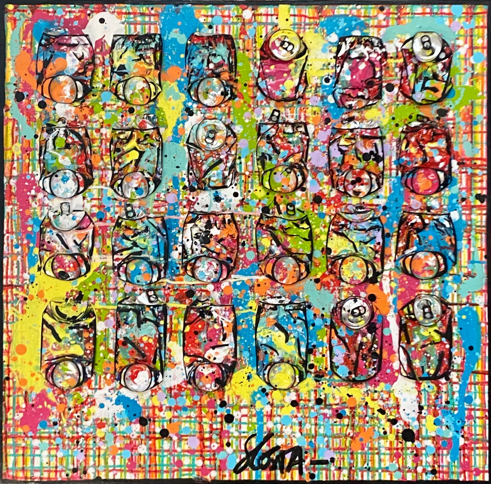 collage, multicolore, canettes compressées Tableau Contemporain, Summer Vibes. Sophie Costa, artiste peintre.