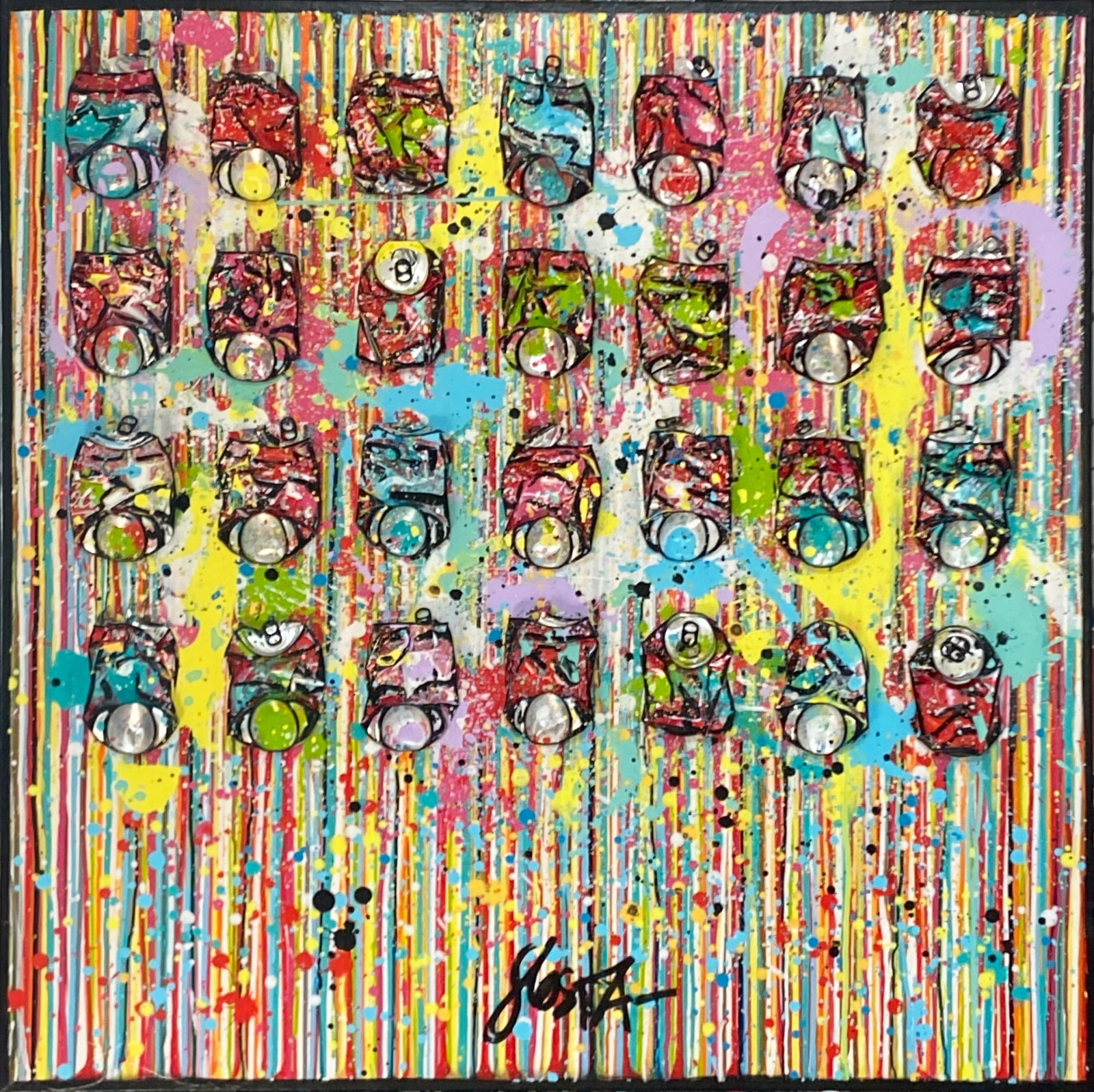 collage, multicolore, canettes compressées Tableau Contemporain, One Life !. Sophie Costa, artiste peintre.