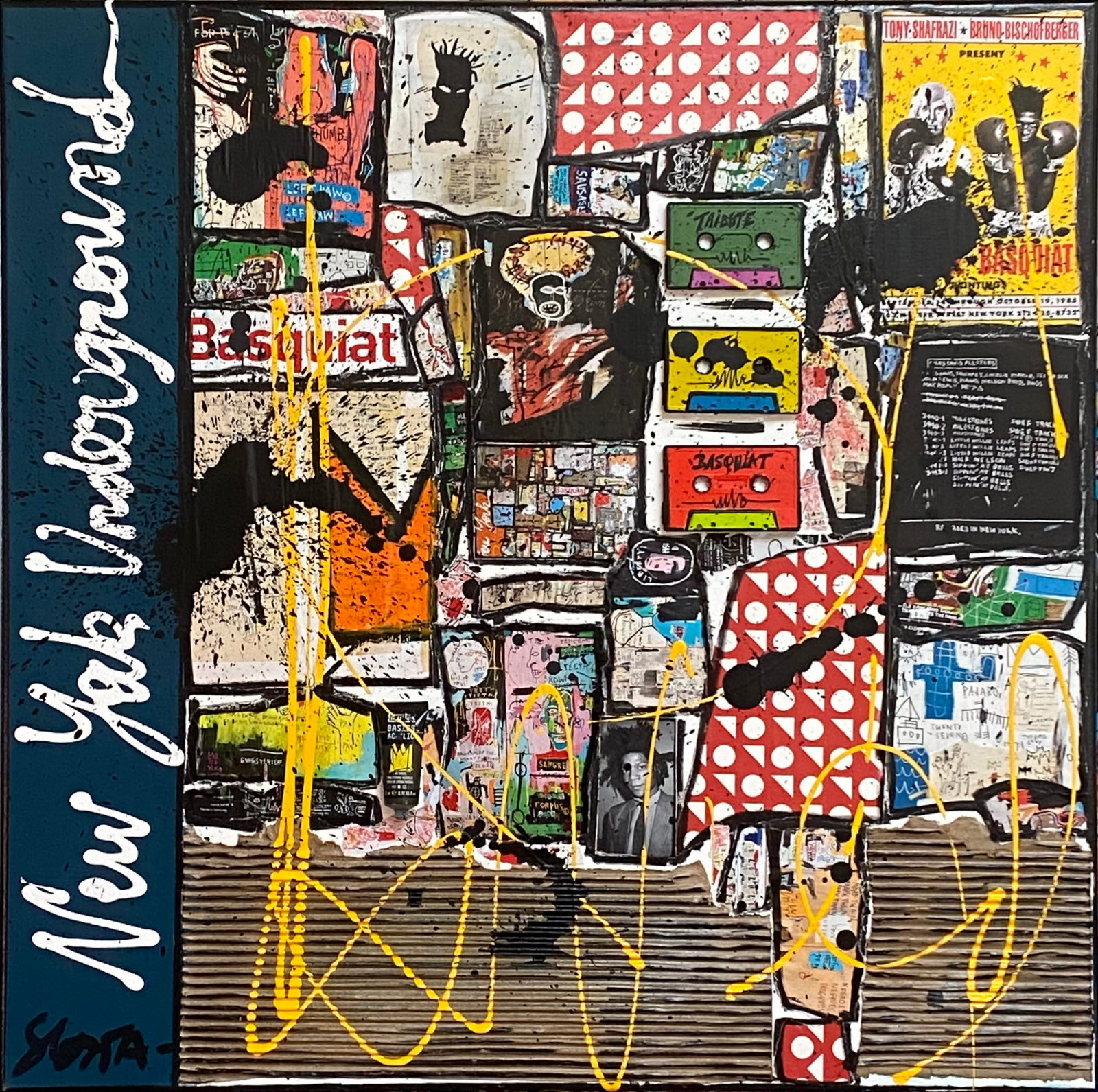 collage, basquiat, multicolore Tableau Contemporain, Basquiat, Orange crown. Sophie Costa, artiste peintre.