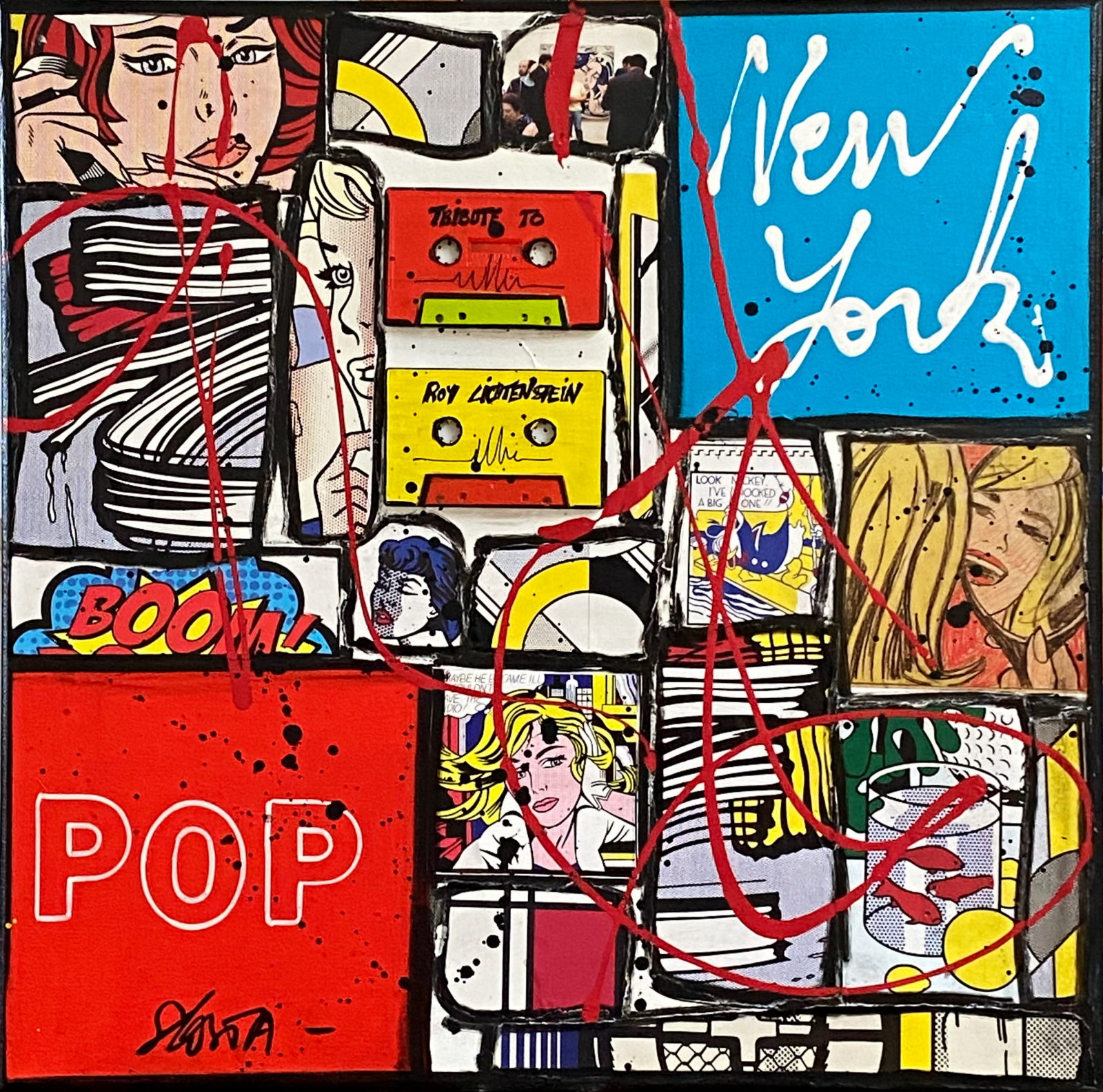 collage, pop art, roy lichtenstein Tableau Contemporain, POP NY (Roy Lichtenstein). Sophie Costa, artiste peintre.