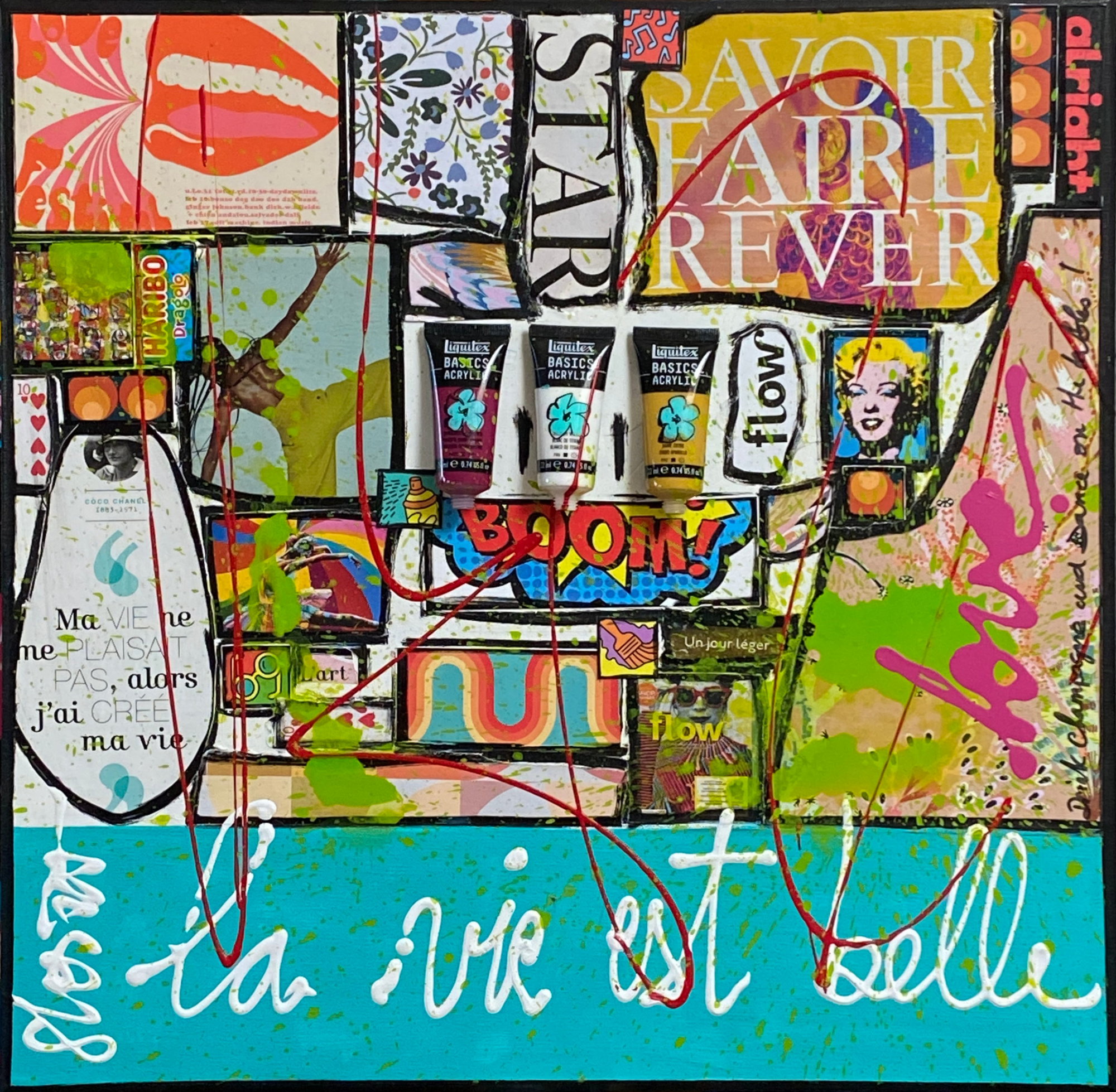 collage, multicolore, enjoy Tableau Contemporain, Love, la vie est belle !. Sophie Costa, artiste peintre.