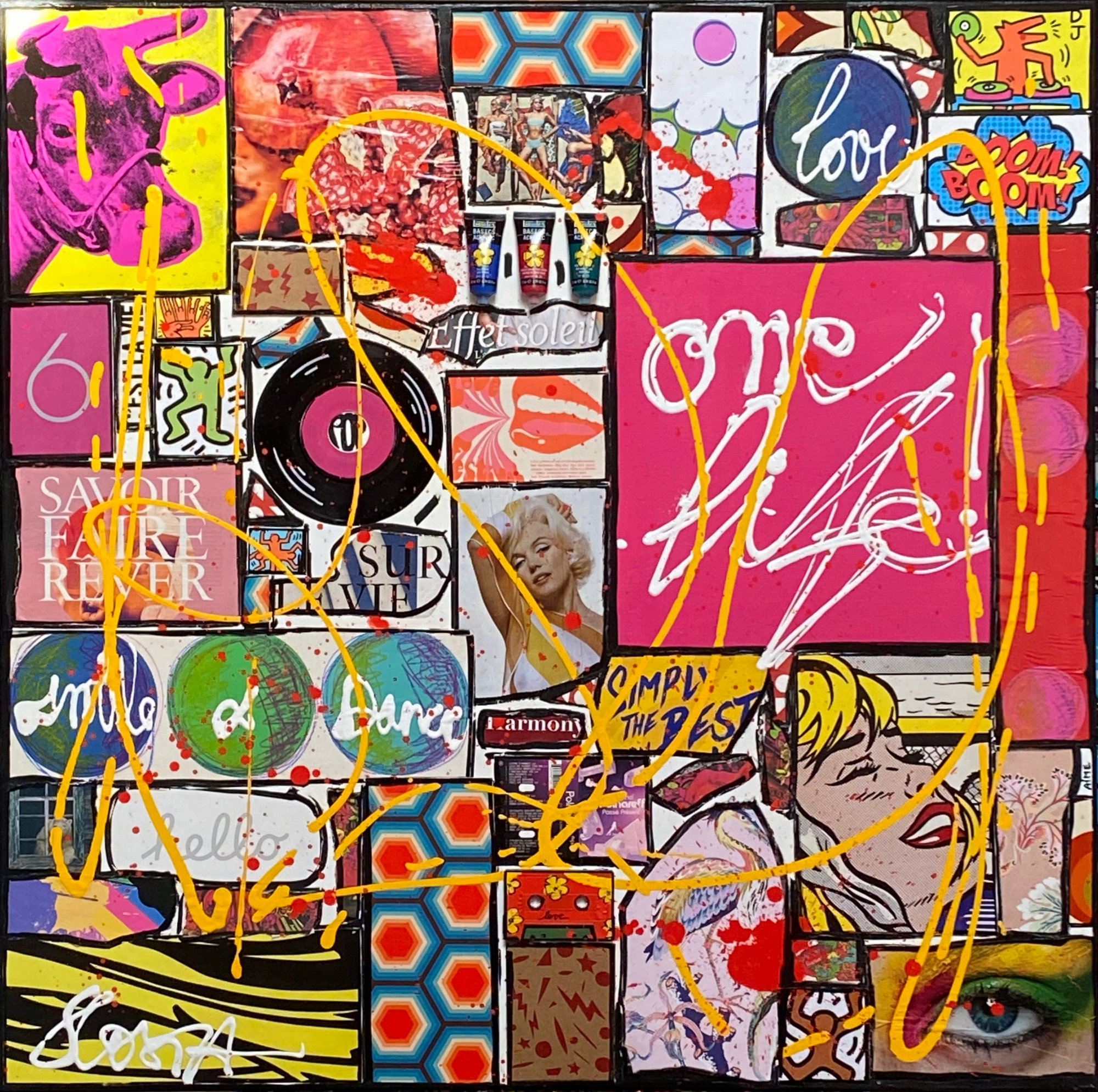 collage, enjoy, la vie est belle, multicolore Tableau Contemporain, ONE LIFE !. Sophie Costa, artiste peintre.