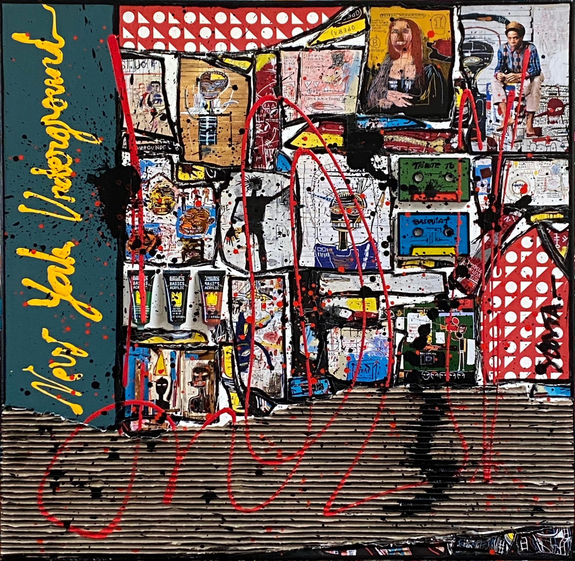collage, basquiat, multicolore Tableau Contemporain, Basquiat, NY underground. Sophie Costa, artiste peintre.