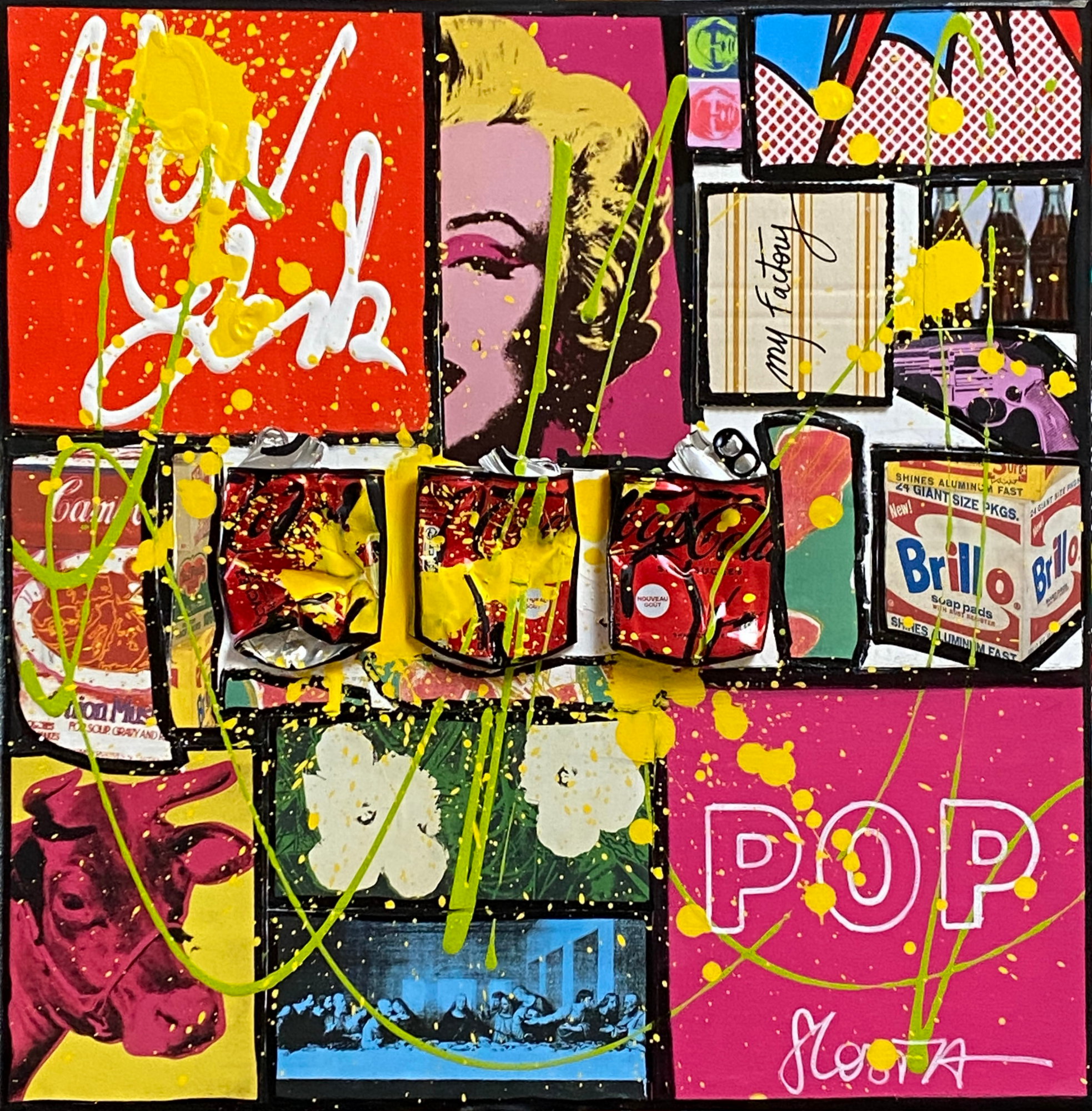 collage, pop art, multicolre Tableau Contemporain, POP NY (Marylin). Sophie Costa, artiste peintre.