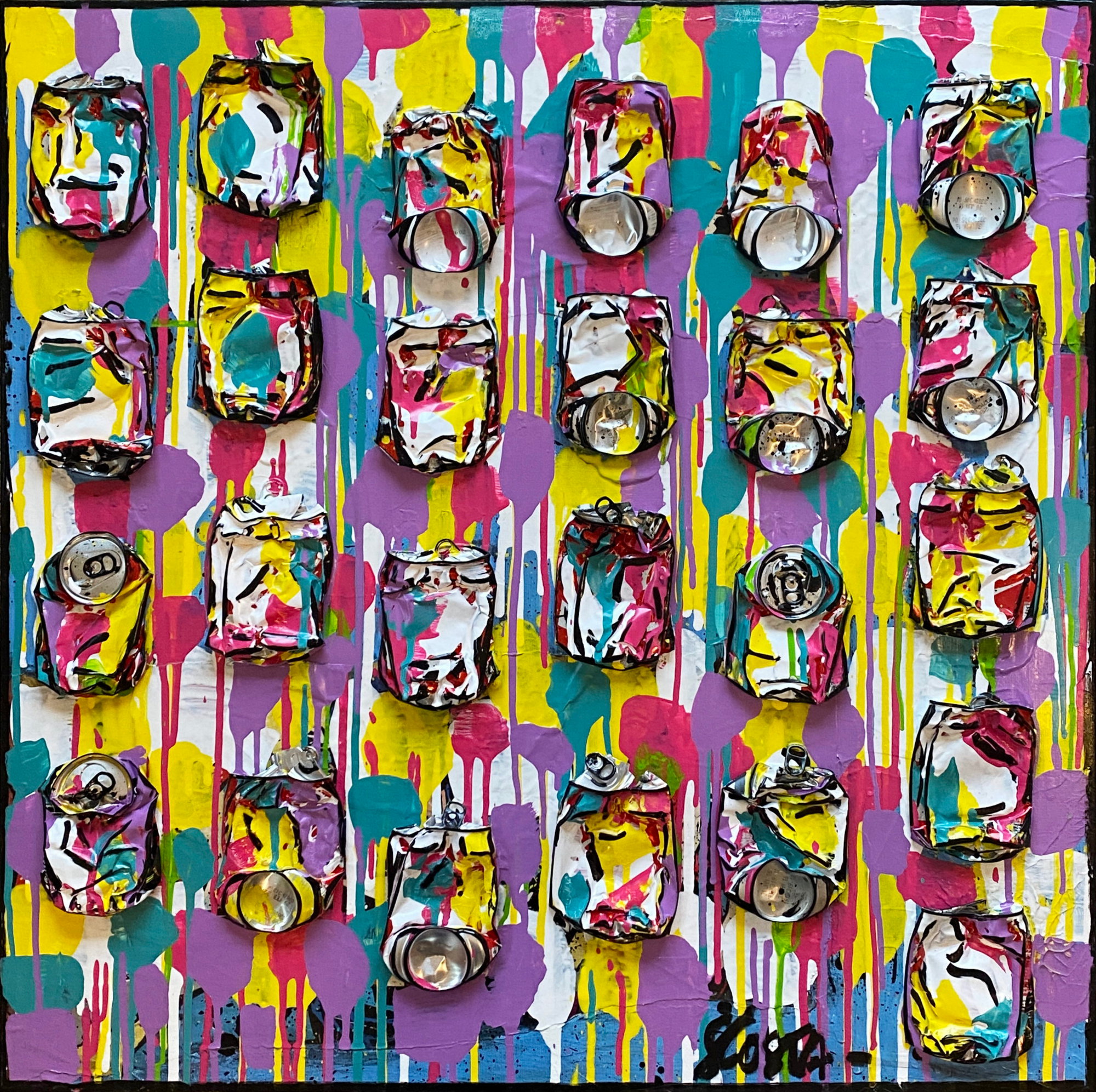 collage, multicolore, canettes compressées Tableau Contemporain, Mauve Attitude. Sophie Costa, artiste peintre.