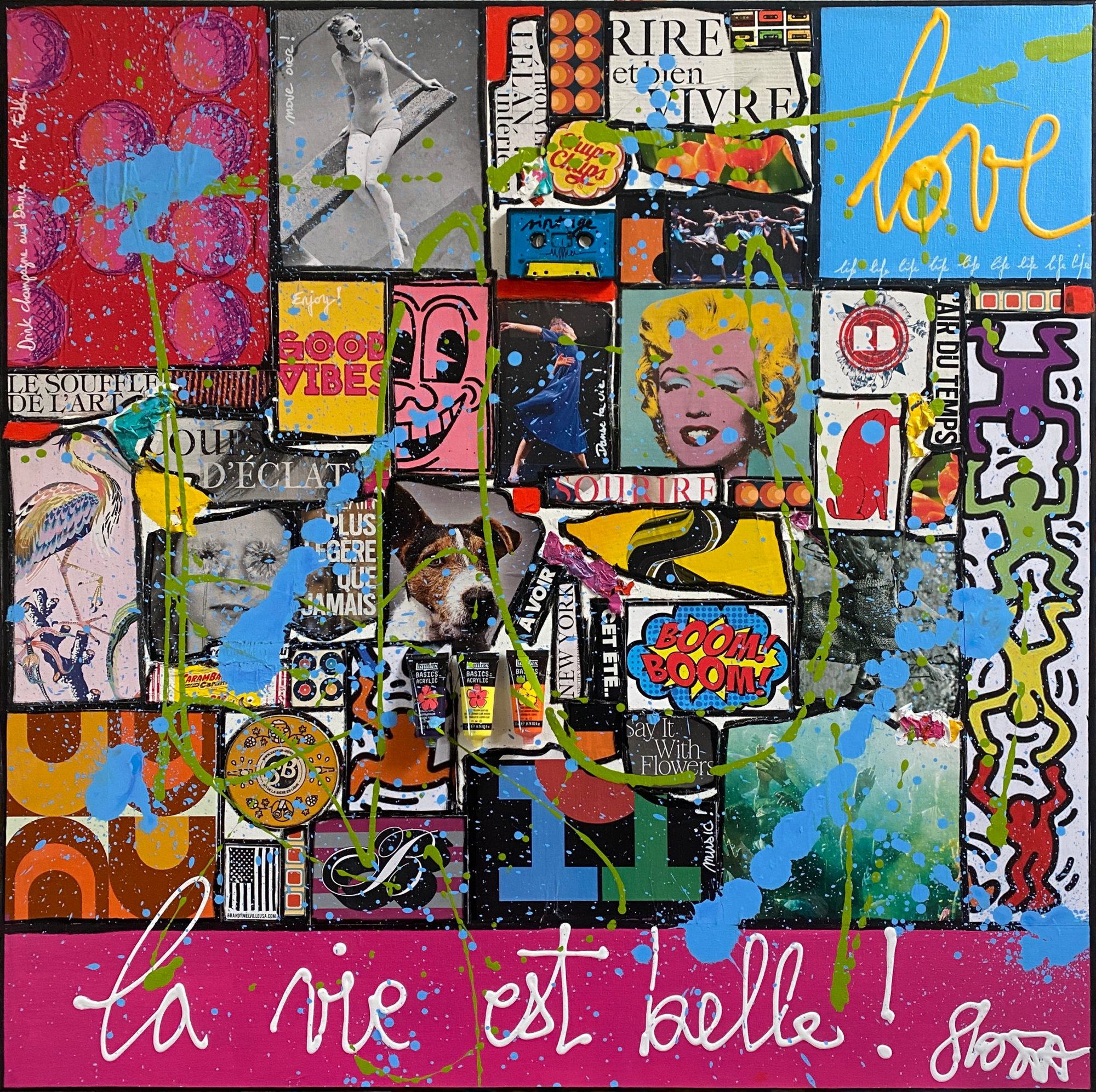 Love, la vie est belle ! : tableau de Sophie Costa, artiste peintre collage, multicolore, la vie est belle Tableau Contemporain, Love, la vie est belle !. Sophie Costa, artiste peintre.