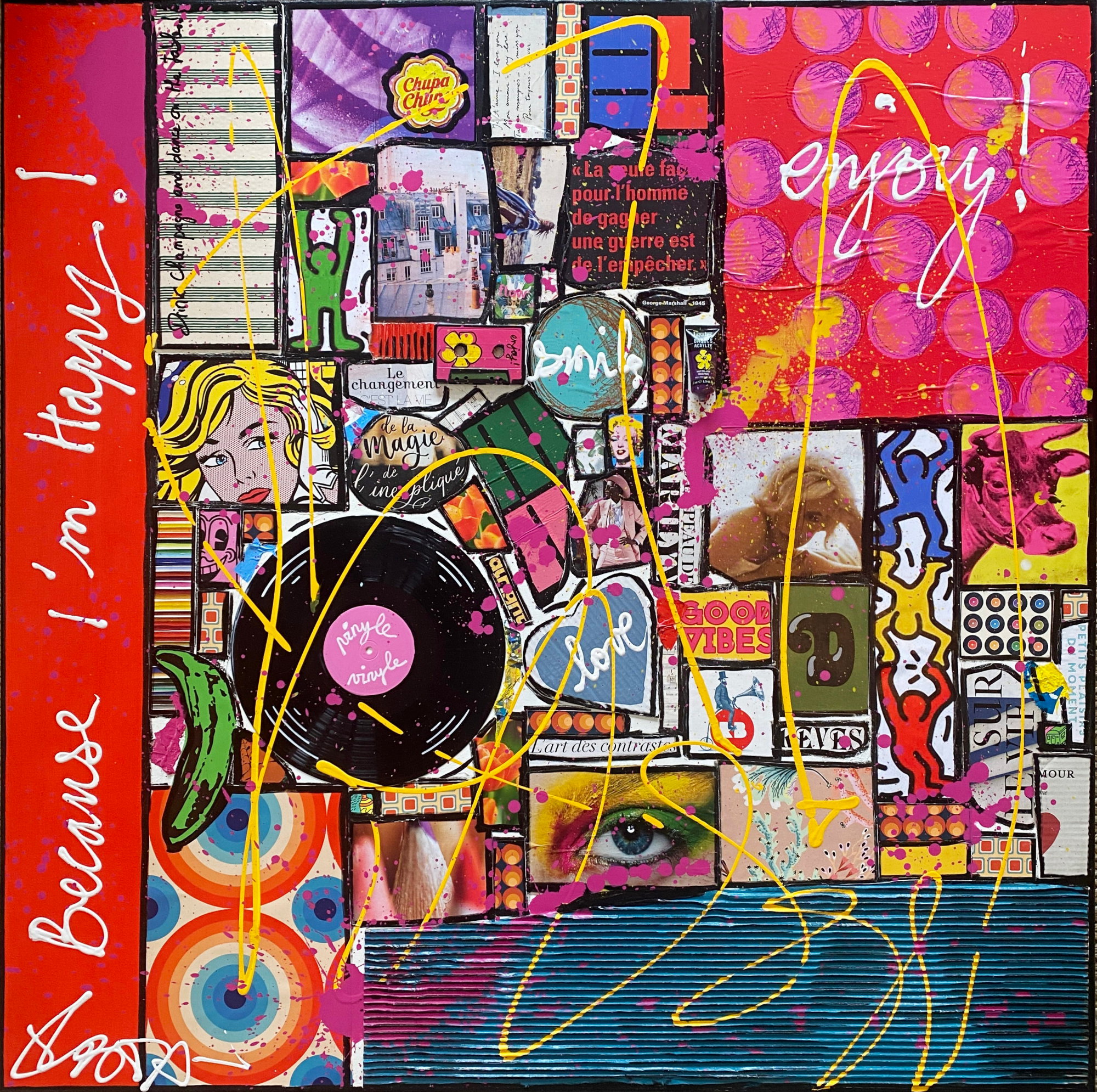 Because I'm Happy ! : tableau de Sophie Costa, artiste peintre collage, multicolore, la vie est belle Tableau Contemporain, Because I'm Happy !. Sophie Costa, artiste peintre.