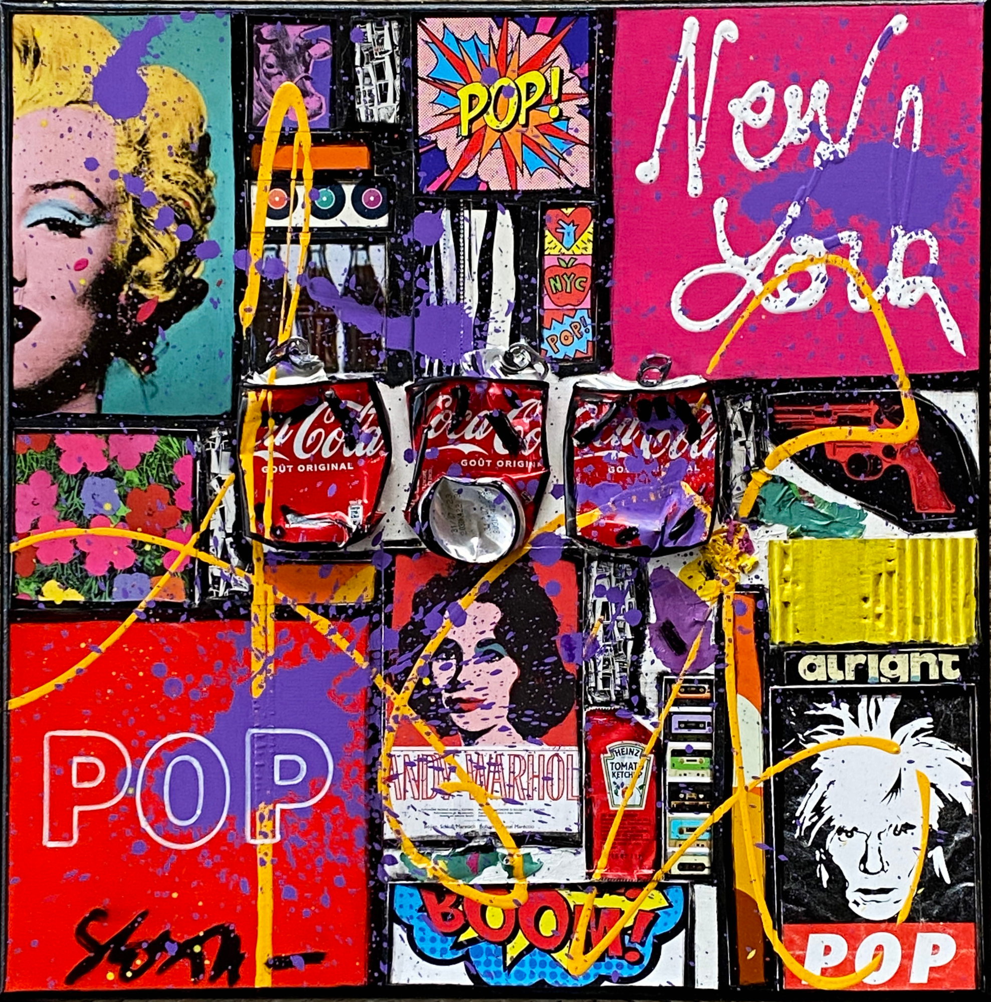 POP NY (rose) : tableau de Sophie Costa, artiste peintre collage, multicolore, enjoy Tableau Contemporain, POP NY (rose). Sophie Costa, artiste peintre.