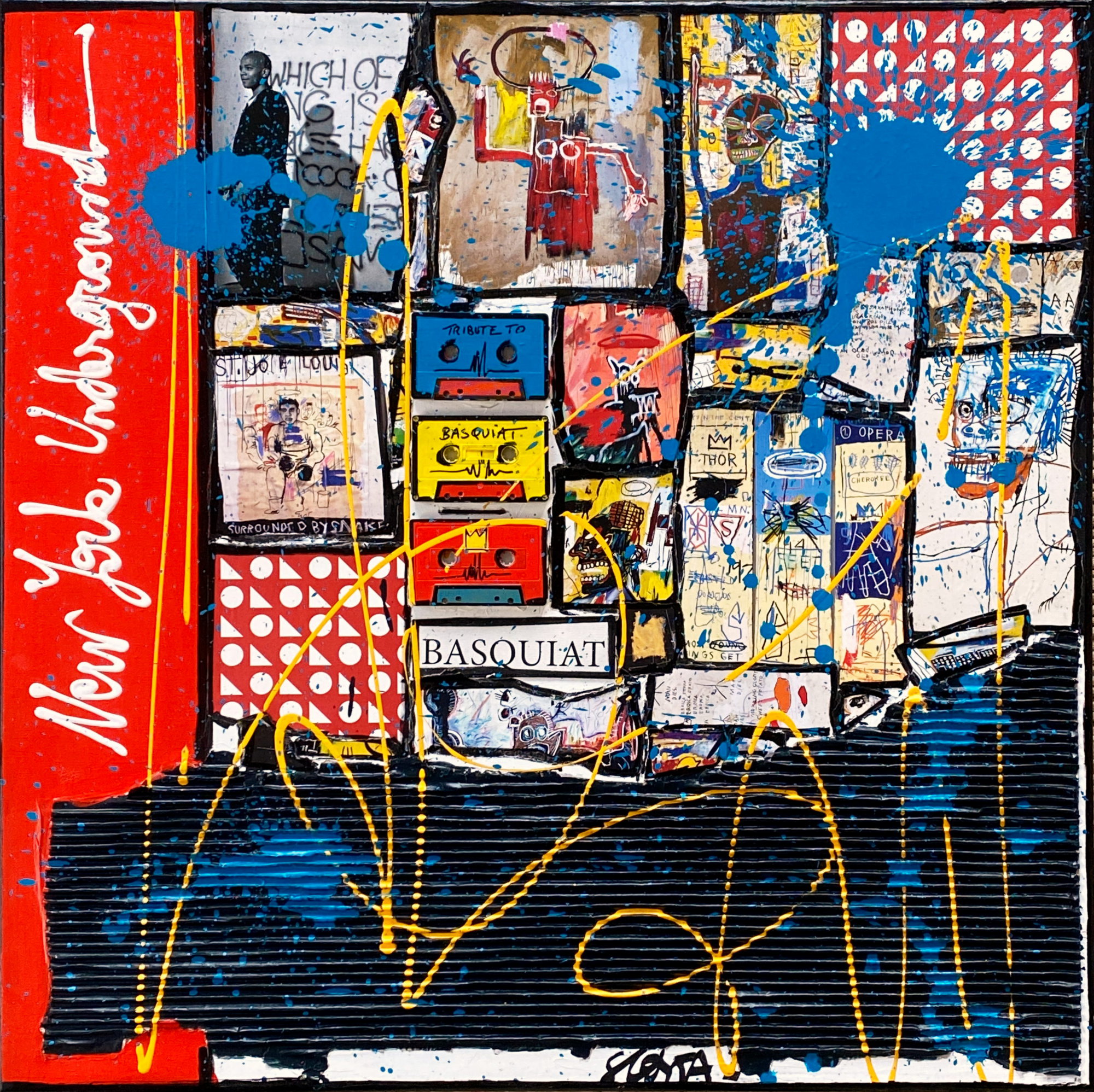 collage, multicolore, basquiat Tableau Contemporain, Basquiat, NYU. Sophie Costa, artiste peintre.