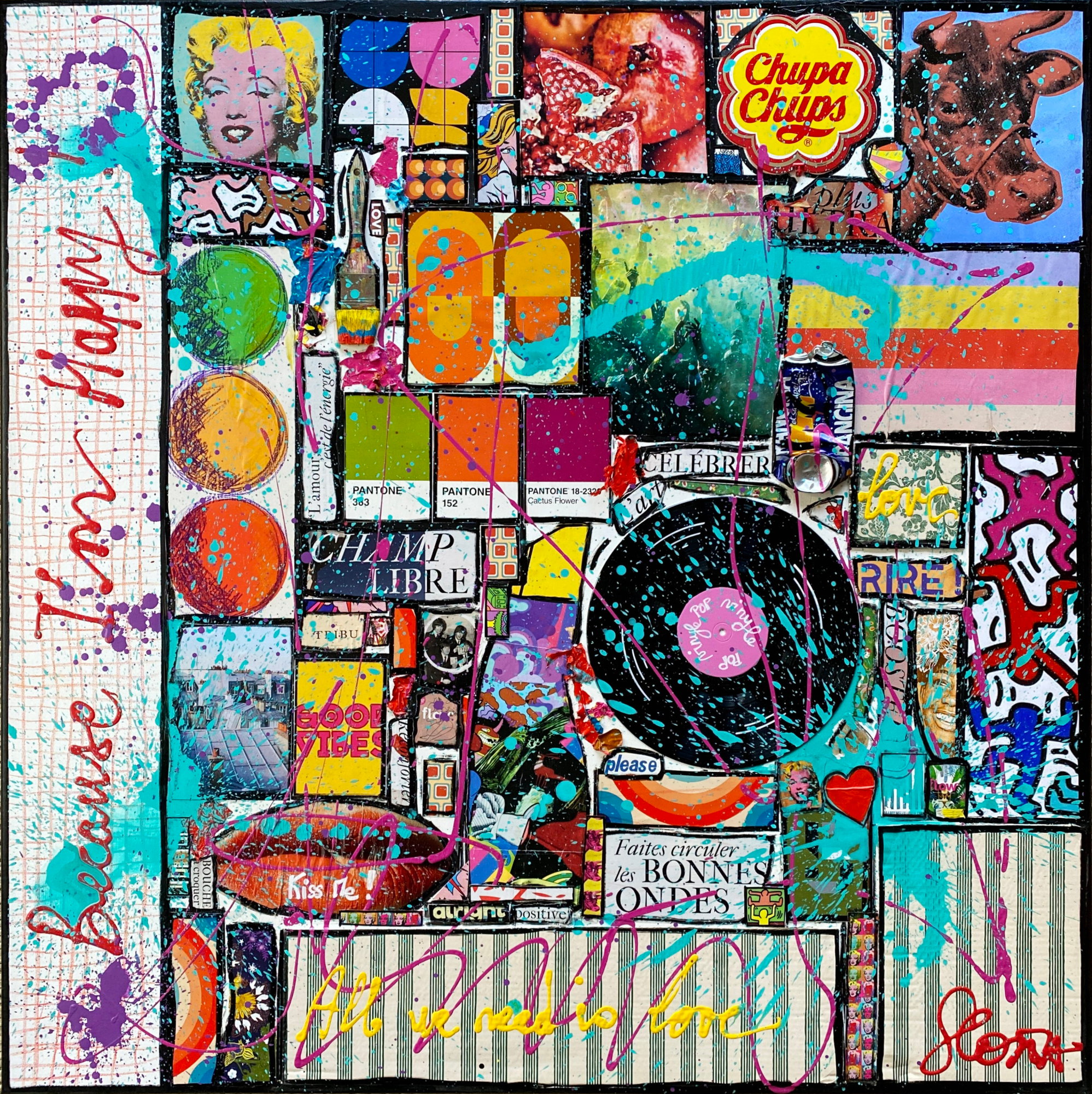 Because I'm Happy ! : tableau de Sophie Costa, artiste peintre because i'm happy, collage Tableau Contemporain, Because I'm Happy !. Sophie Costa, artiste peintre.