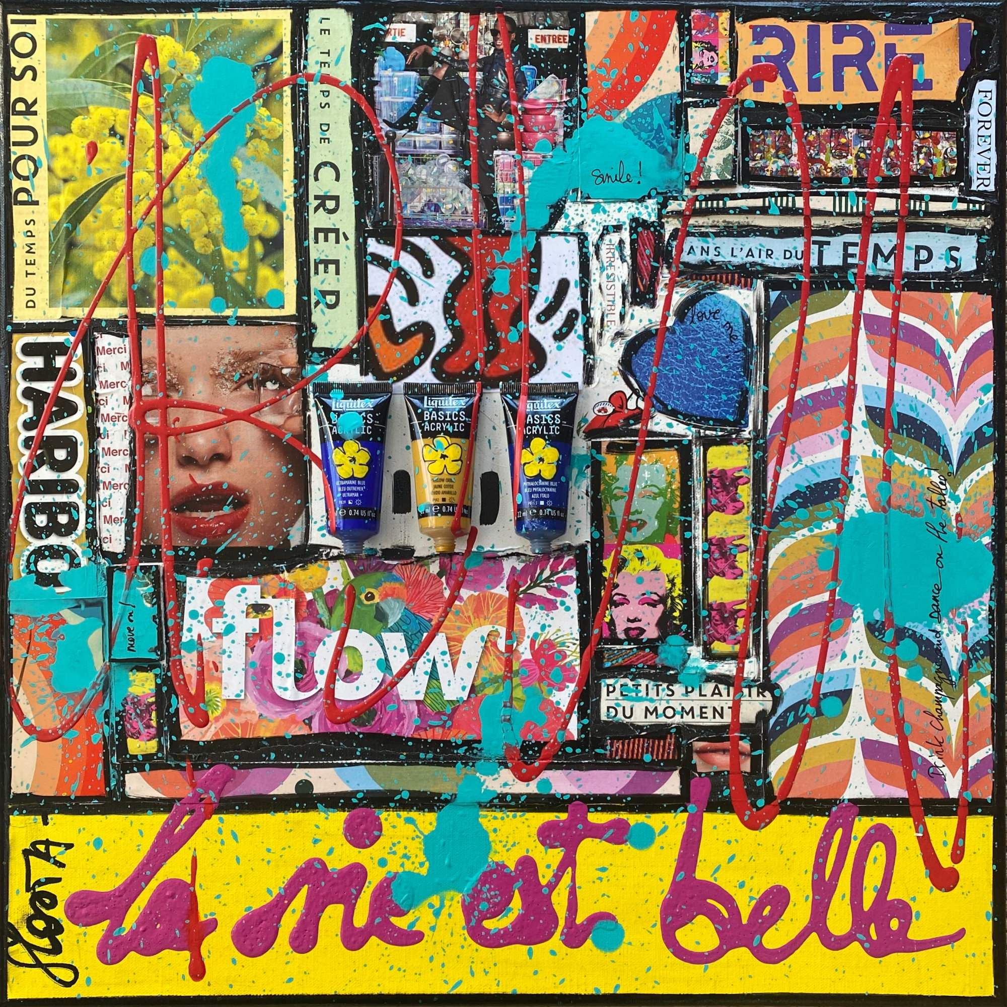 La vie est belle ! (jaune) : tableau de Sophie Costa, artiste peintre la vie est belle, multicolore, collage Tableau Contemporain, La vie est belle ! (jaune). Sophie Costa, artiste peintre.
