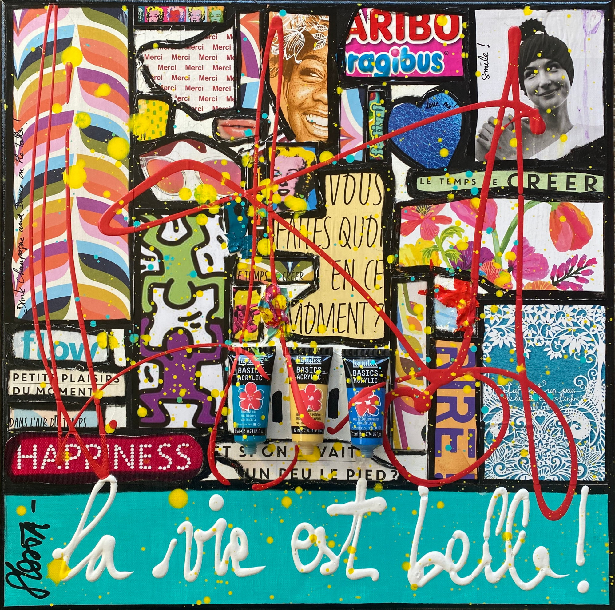 la vie est belle_collage_multicolore Tableau Contemporain, La vie est belle ! (turquoise). Sophie Costa, artiste peintre.
