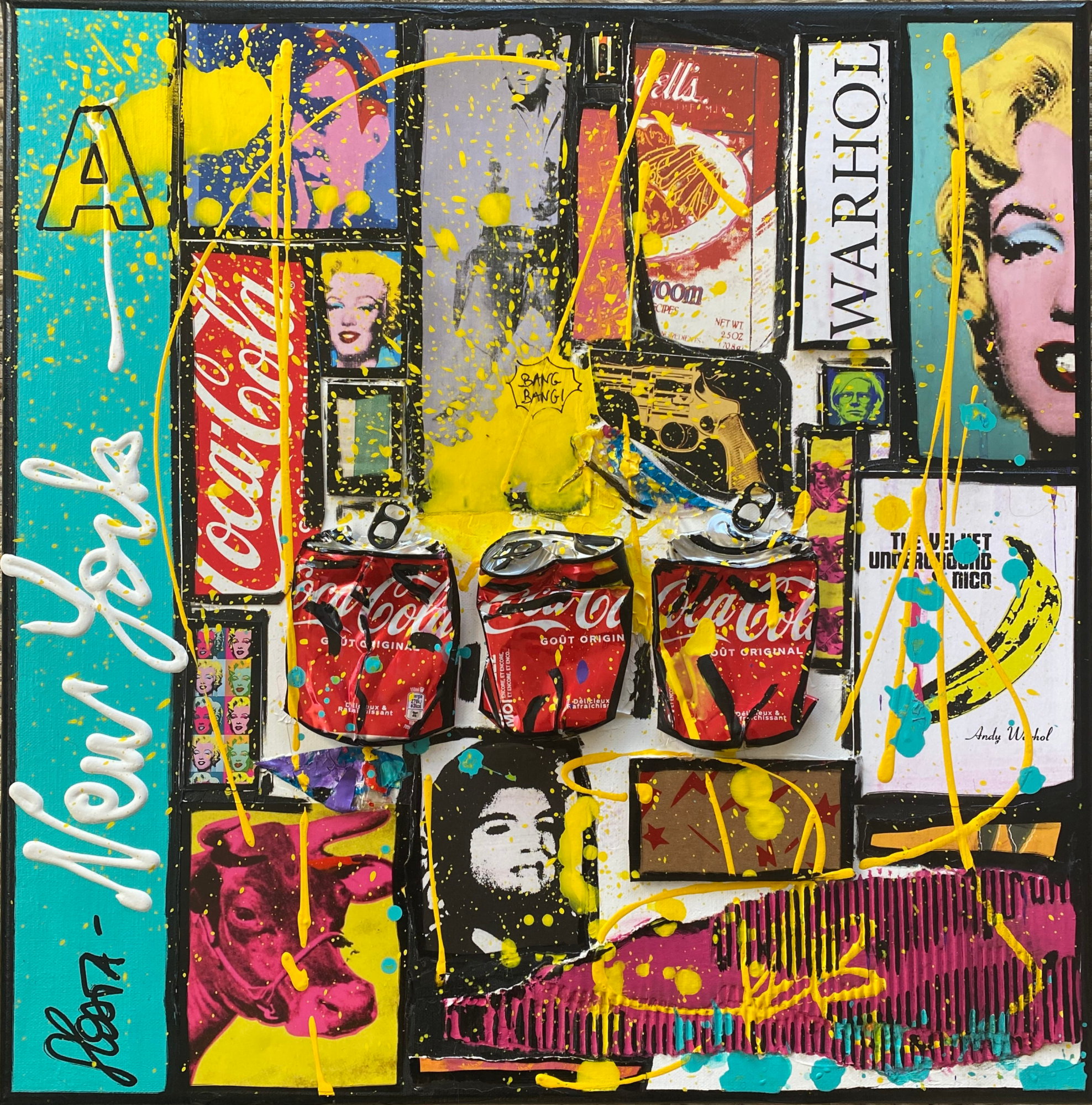 collage, multicolore,andy warhol Tableau Contemporain, A comme Andy Warhol. Sophie Costa, artiste peintre.