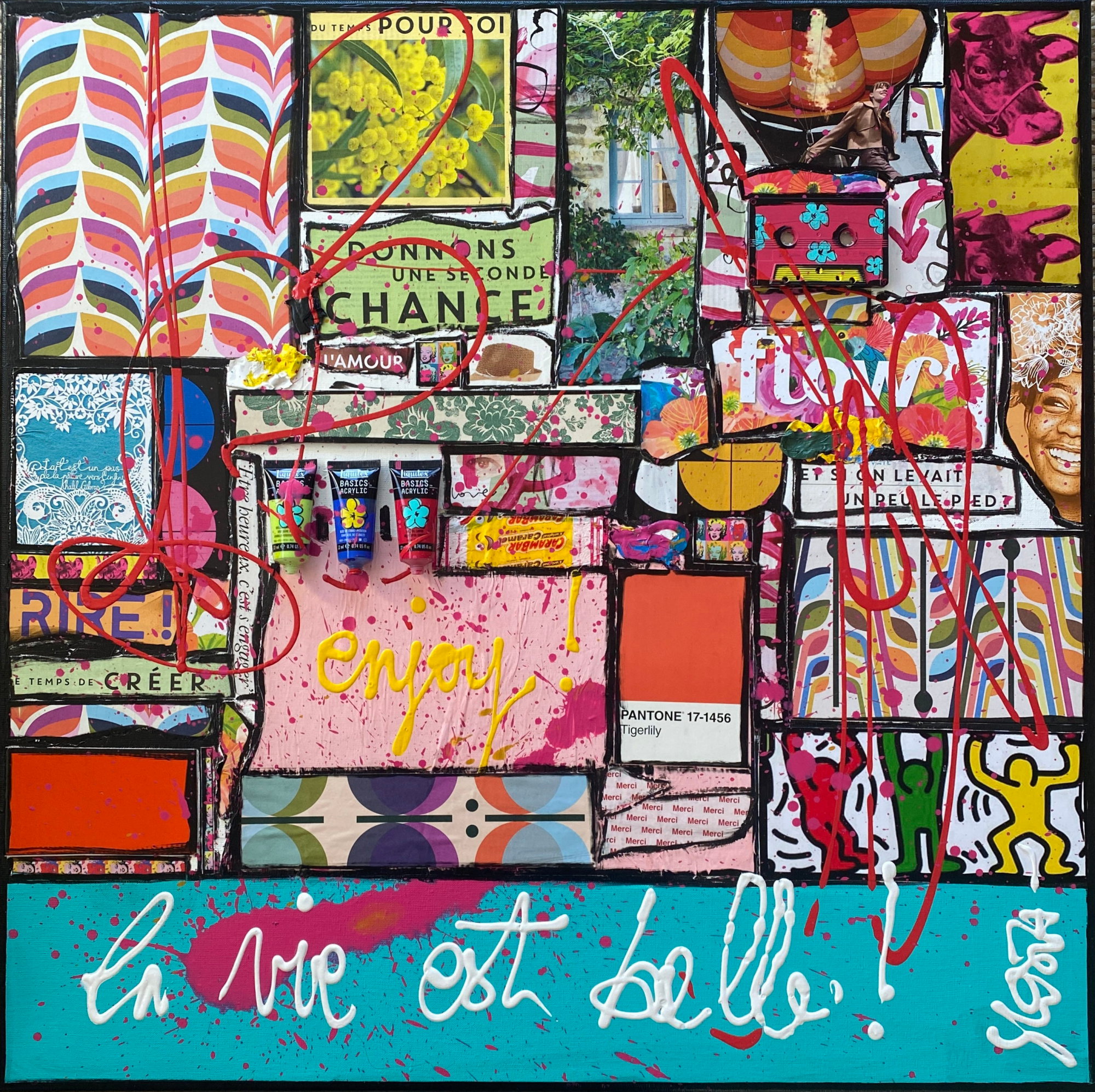 La vie est belle ! : tableau de Sophie Costa, artiste peintre collage, multicolore, la vie est belle Tableau Contemporain, La vie est belle !. Sophie Costa, artiste peintre.