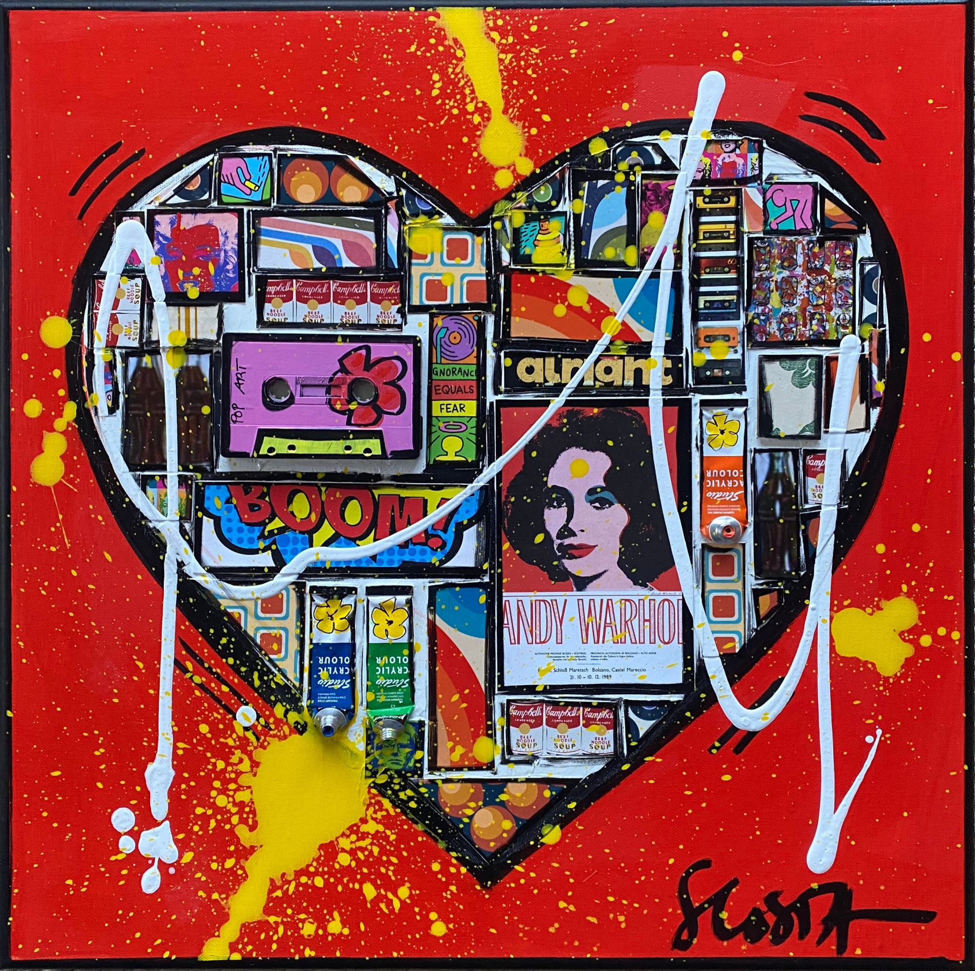 All we need is love ! : tableau de Sophie Costa, artiste peintre collage, coeur, pop art Tableau Contemporain, All we need is love !. Sophie Costa, artiste peintre.